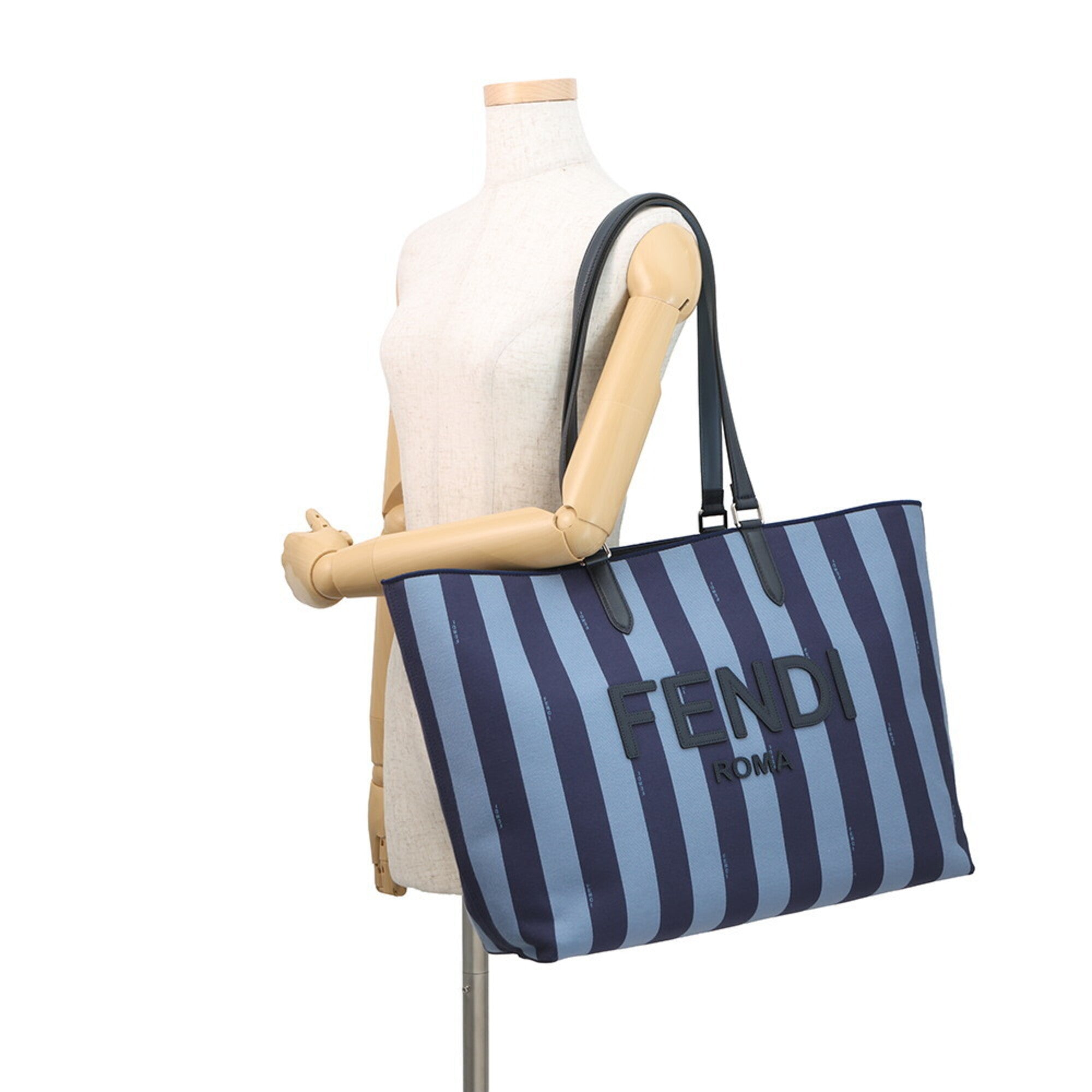 Fendi Blue Navy Canvas Leather Handbag Tote Bag (Pre-Owned)