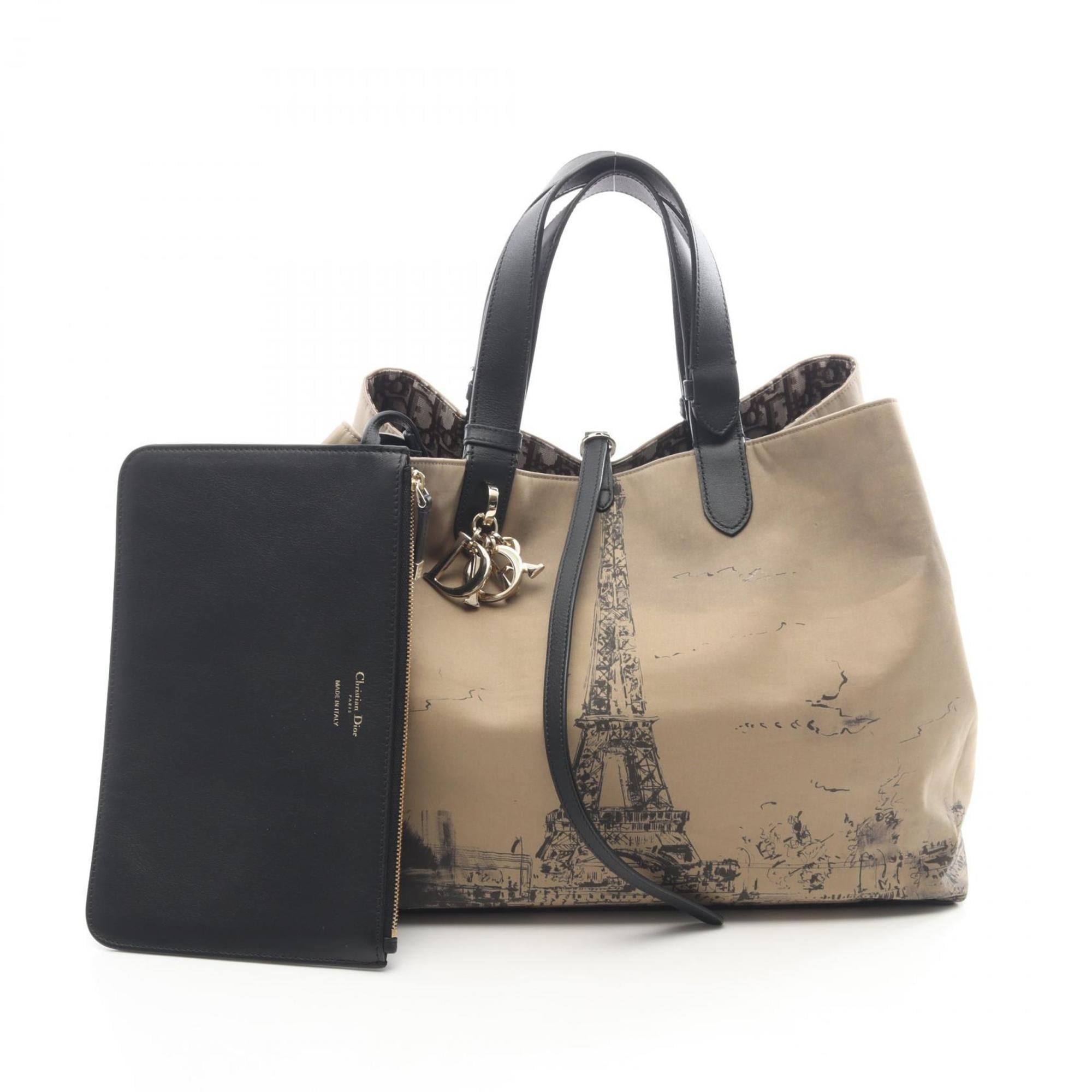 Christian Dior Beige Black Gray Canvas Leather Tote Bag (Pre-Owned)
