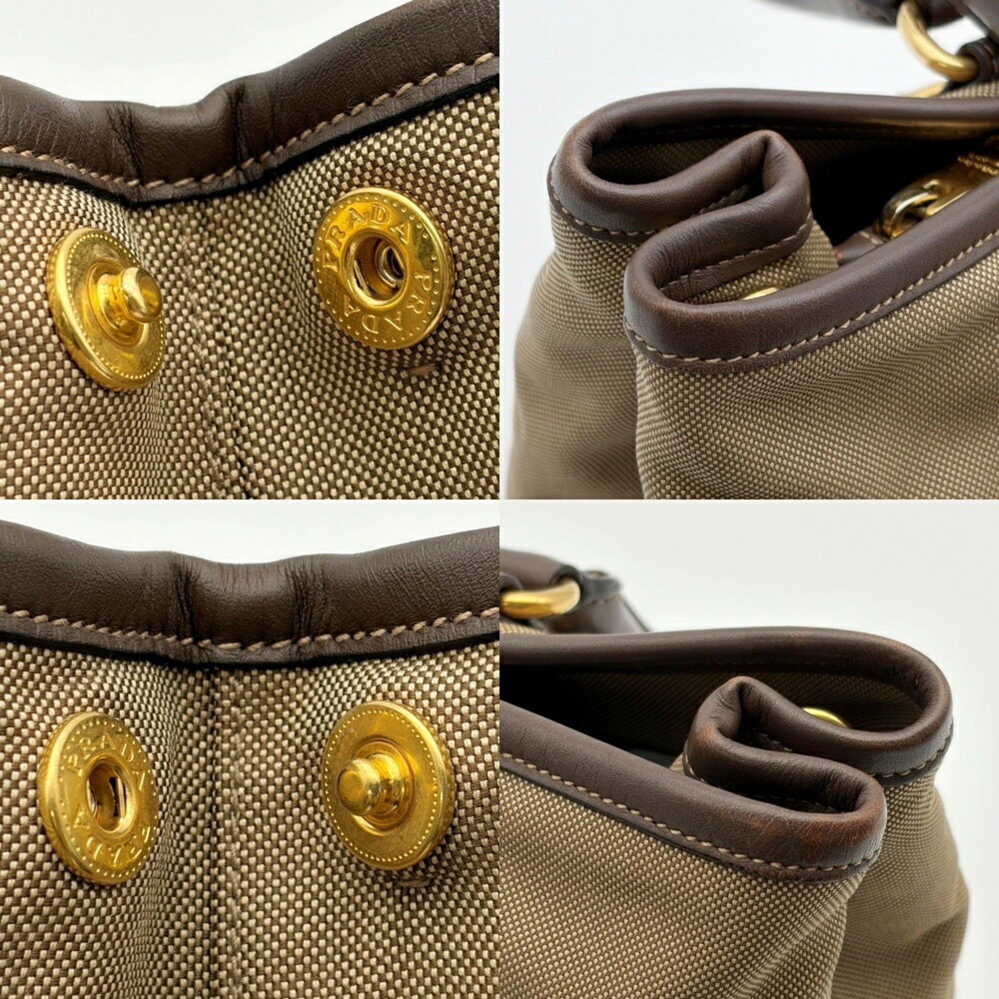 Prada Beige Dark Brown Canvas Leather Tote Bag (Pre-Owned)