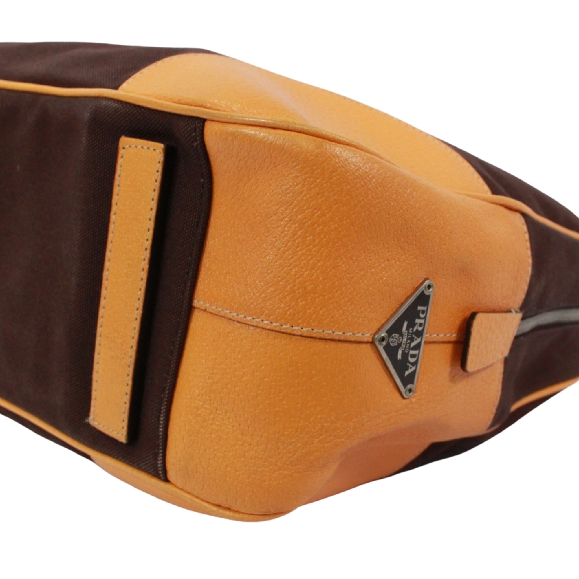 Prada Brown Yellow Leather Canvas Boston Bag Handbag (Pre-Owned)