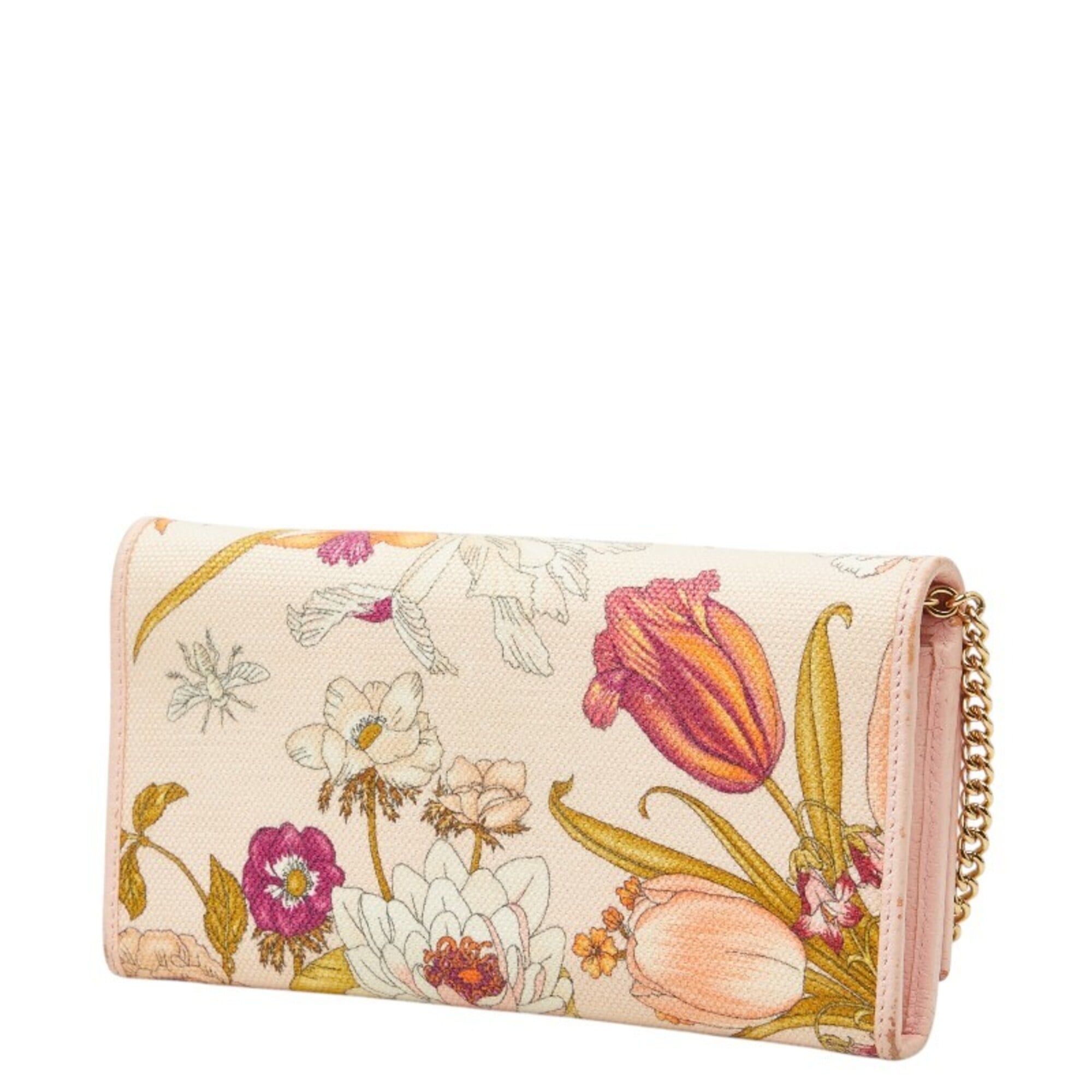 Gucci Multi-Color Pink Canvas Leather Chain/Shoulder Wallet (Pre-Owned)