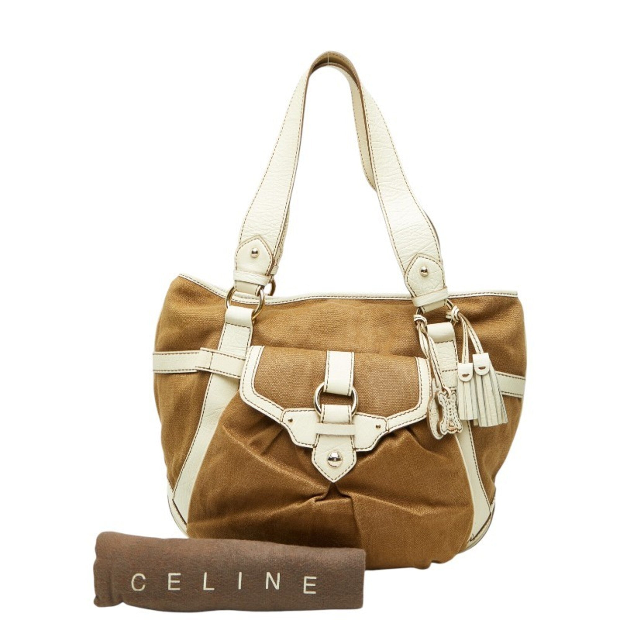 Celine Brown White Canvas Leather Handbag Shoulder Bag (Pre-Owned)