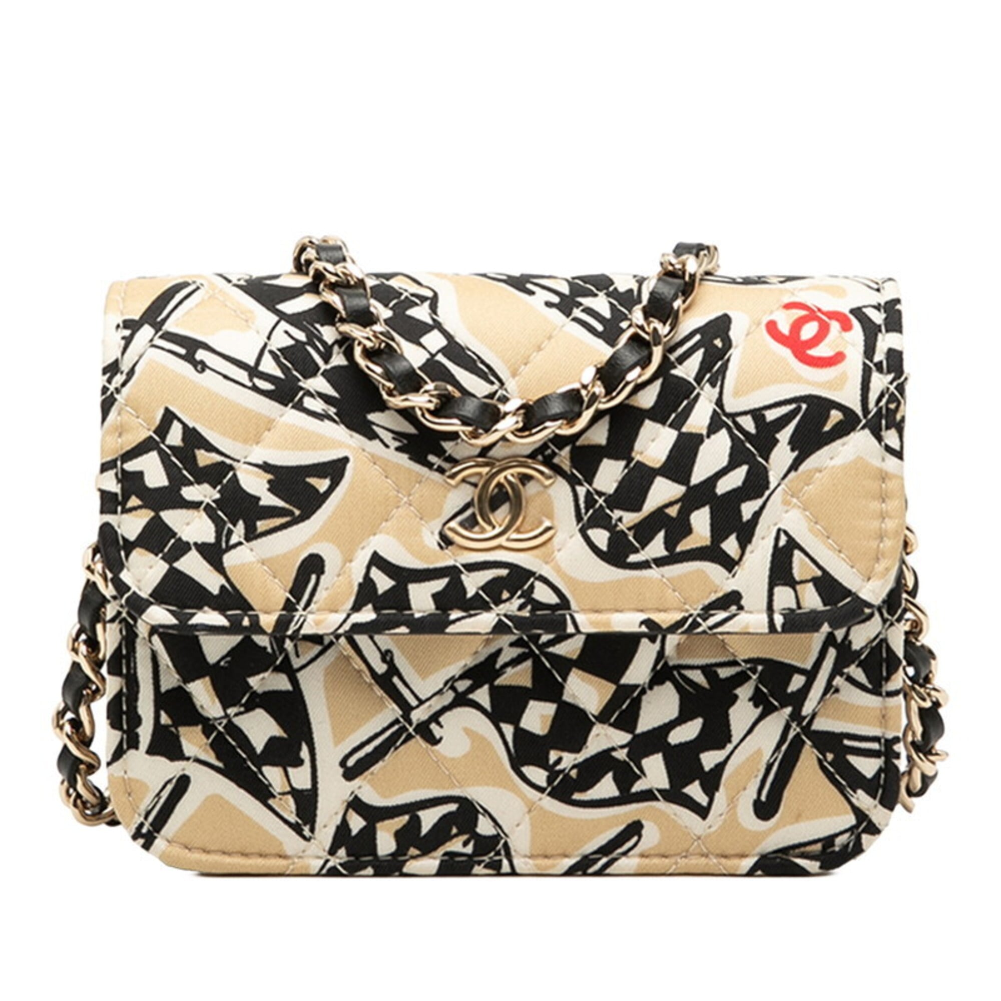 Chanel Beige Black Cotton Leather Shoulder Bag (Pre-Owned)