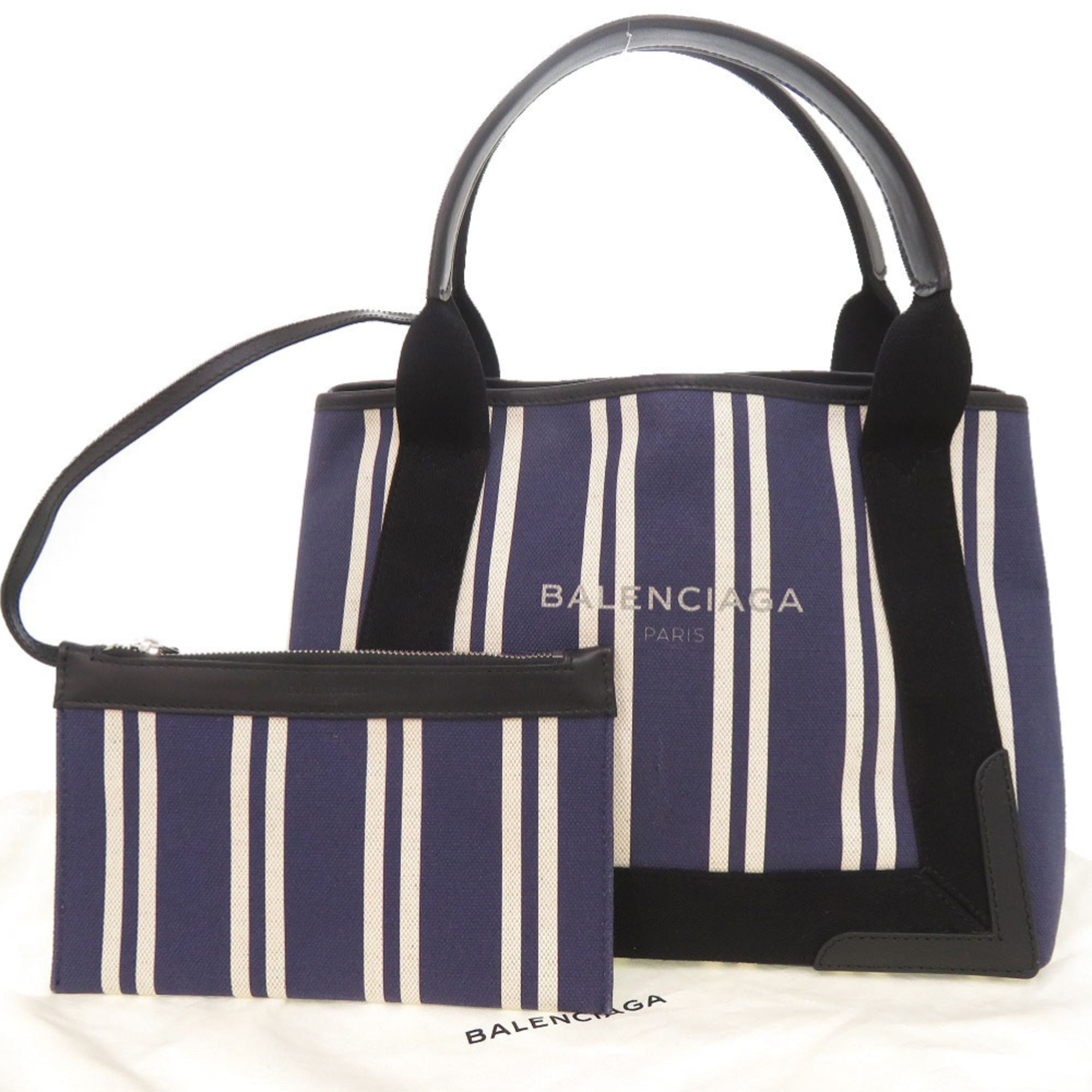 Balenciaga Black Navy White Canvas Leather Handbag Tote Bag (Pre-Owned)