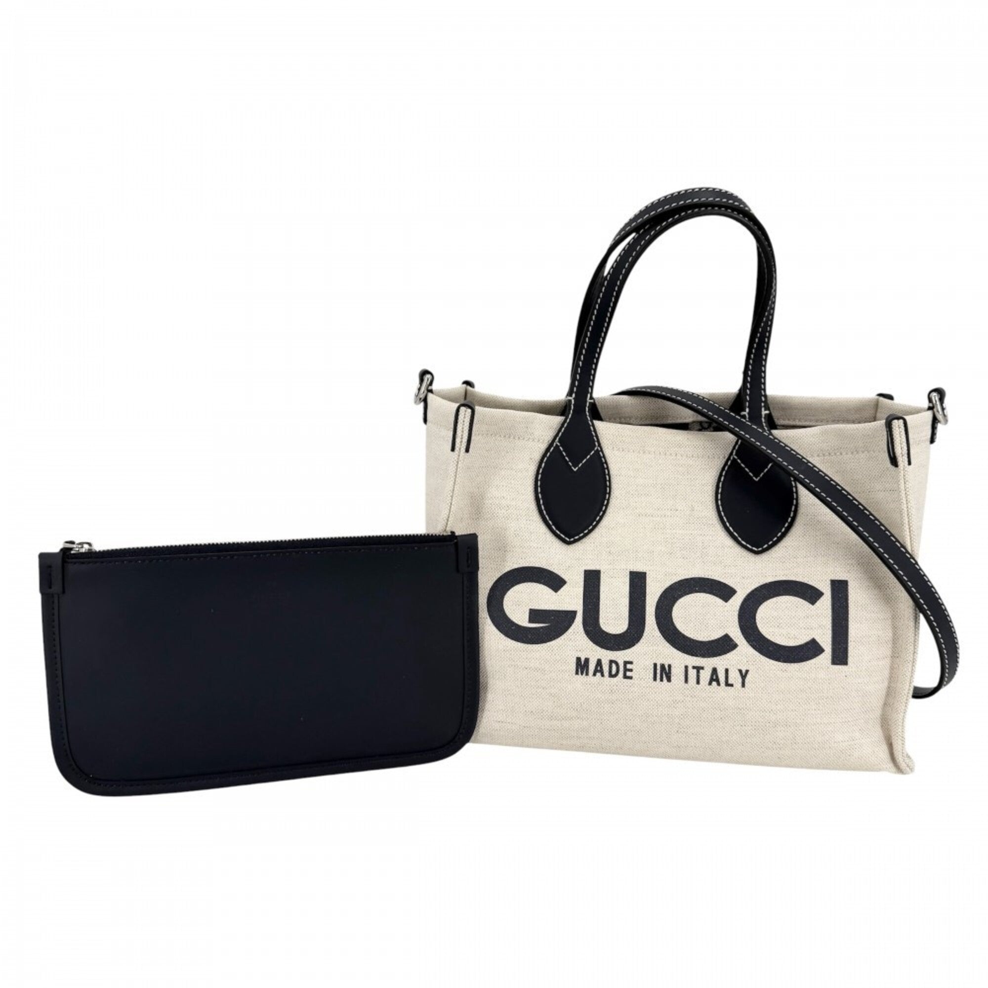 Gucci Beige Navy Cotton Canvas Leather Handbag Shoulder Bag (Pre-Owned)