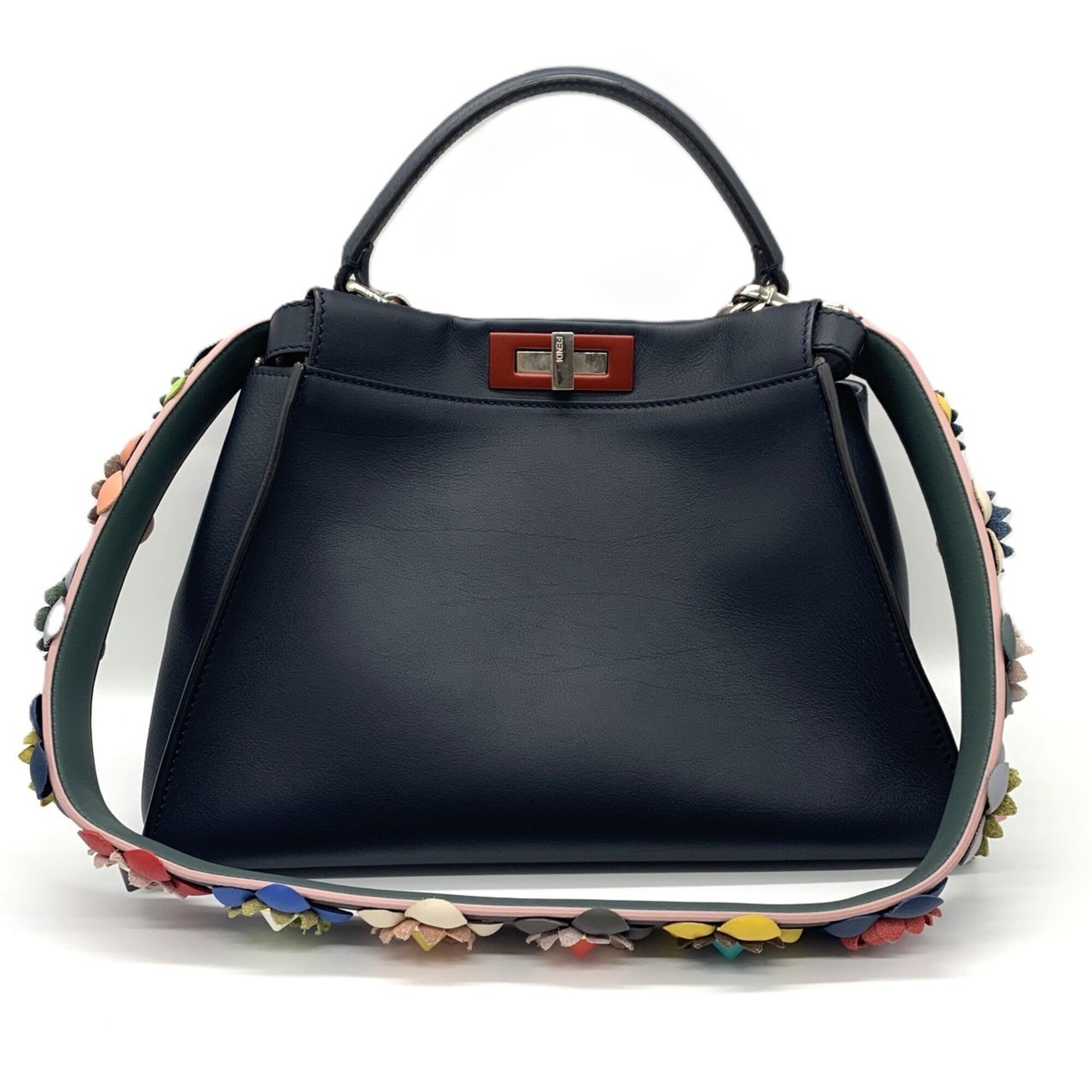Fendi Peekaboo Dark Navy Red Color Leather Handbag Shoulder Bag (Pre-Owned)