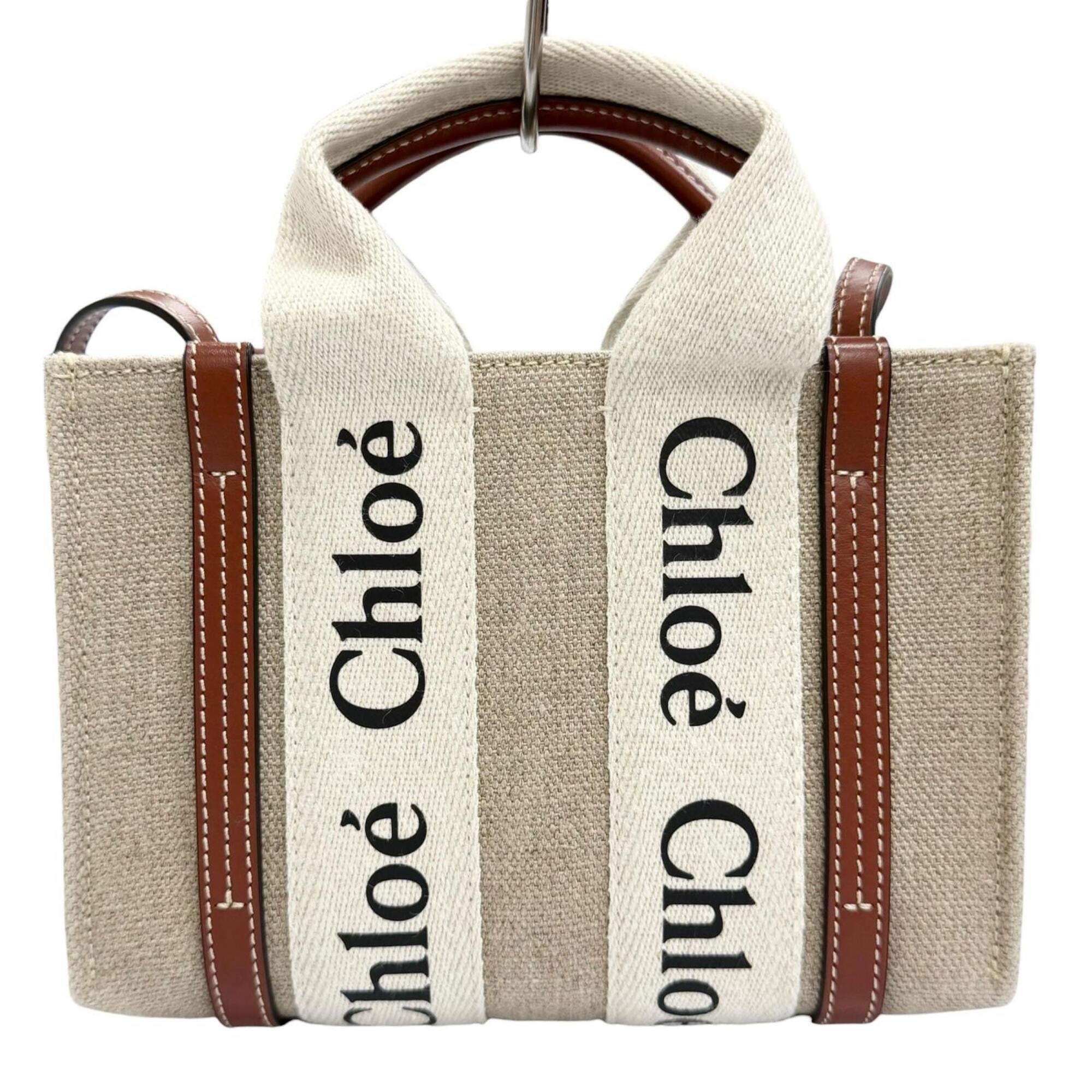 Chloé Beige Brown Linen Leather Shoulder Bag Tote Bag (Pre-Owned)