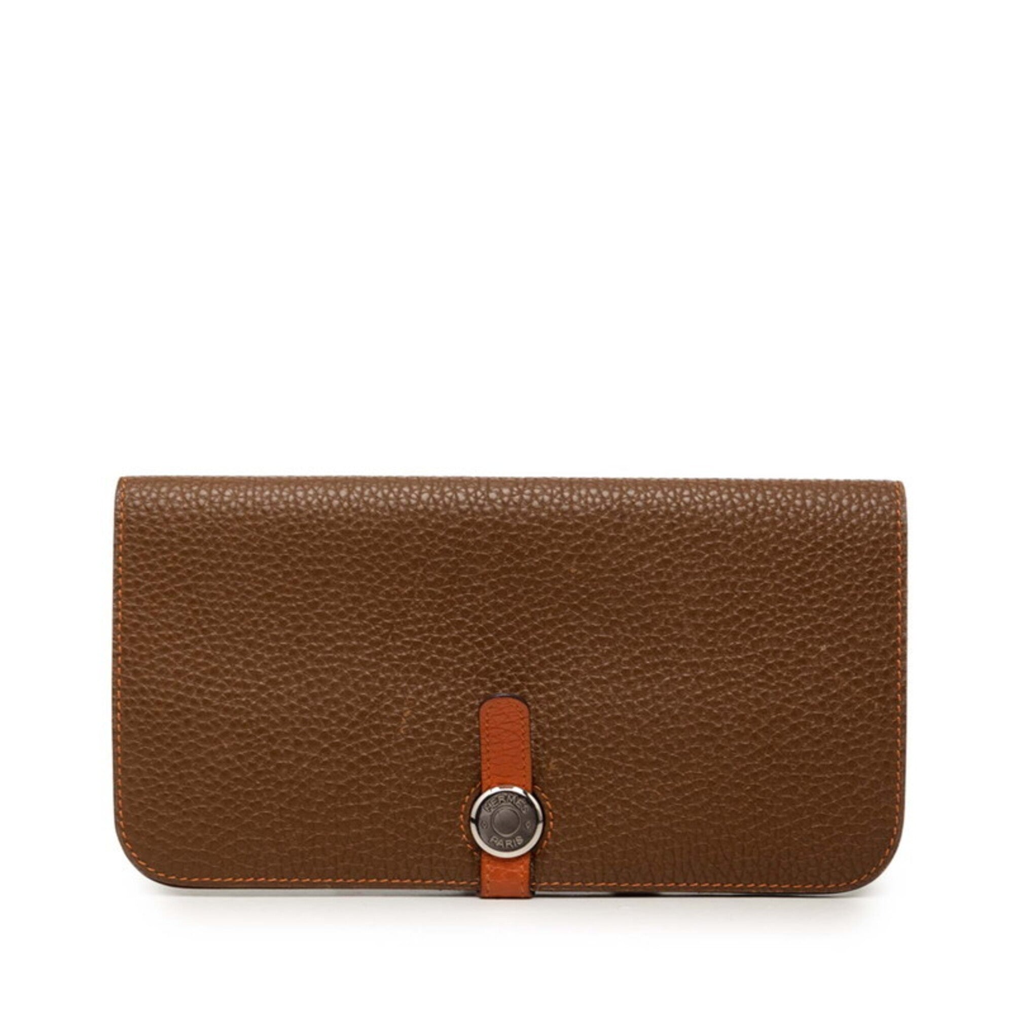 Hermes Brown Taurillon Clemence Leather Long Wallet (Bi-Fold) (Pre-Owned)