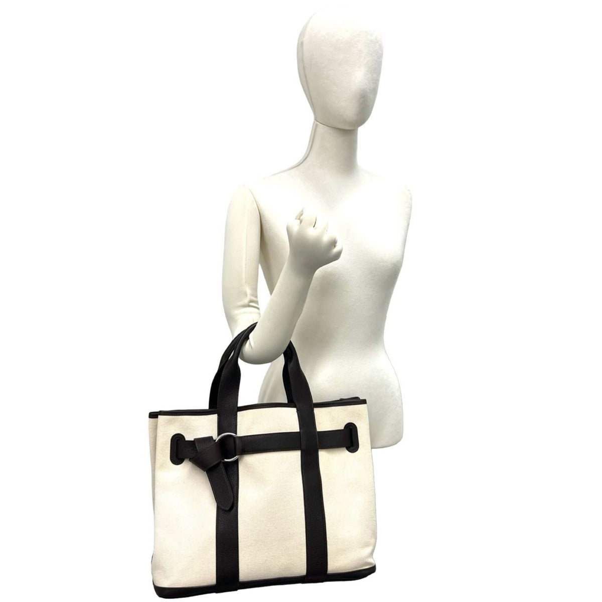 Hermes Brown Ivory Toile H Buffle Skipper Leather Handbag (Pre-Owned)