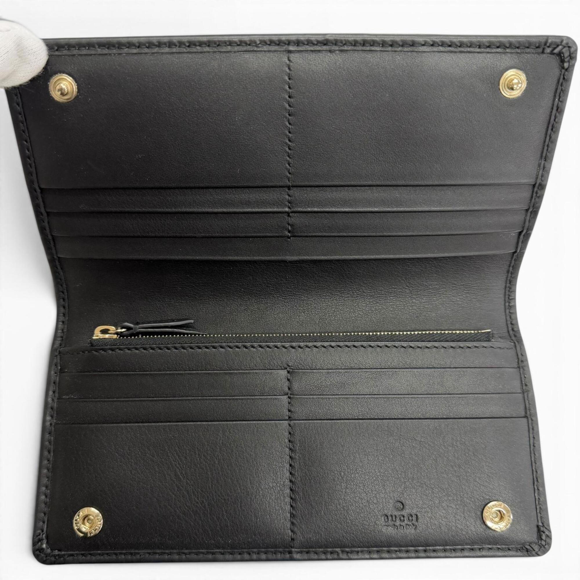 Gucci Beige Black Gg Canvas Leather Long Wallet (Bi-Fold) (Pre-Owned)