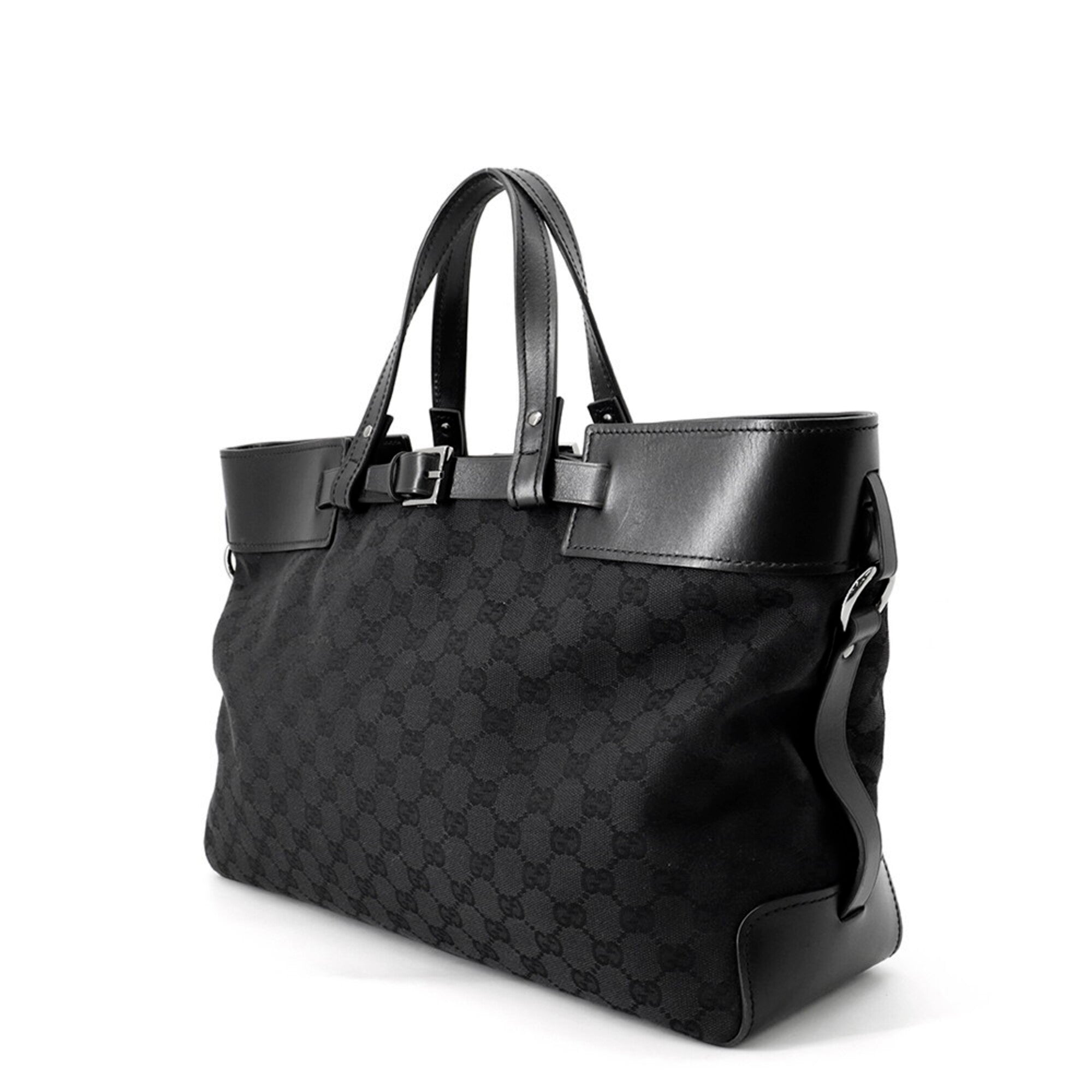 Gucci Black Gg Canvas Leather Handbag Tote Bag (Pre-Owned)