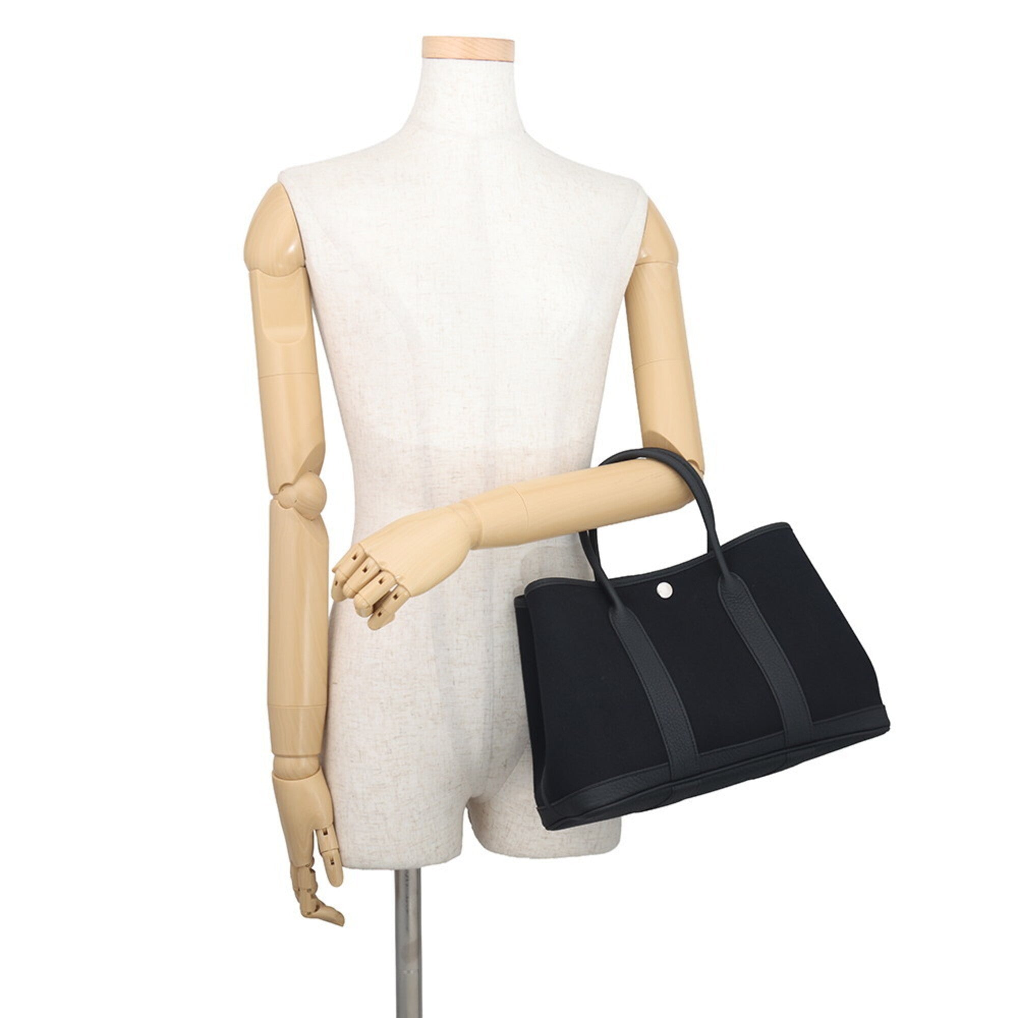 Hermes Garden Black Toile Chevron Negonda Leather Handbag Tote Bag (Pre-Owned)