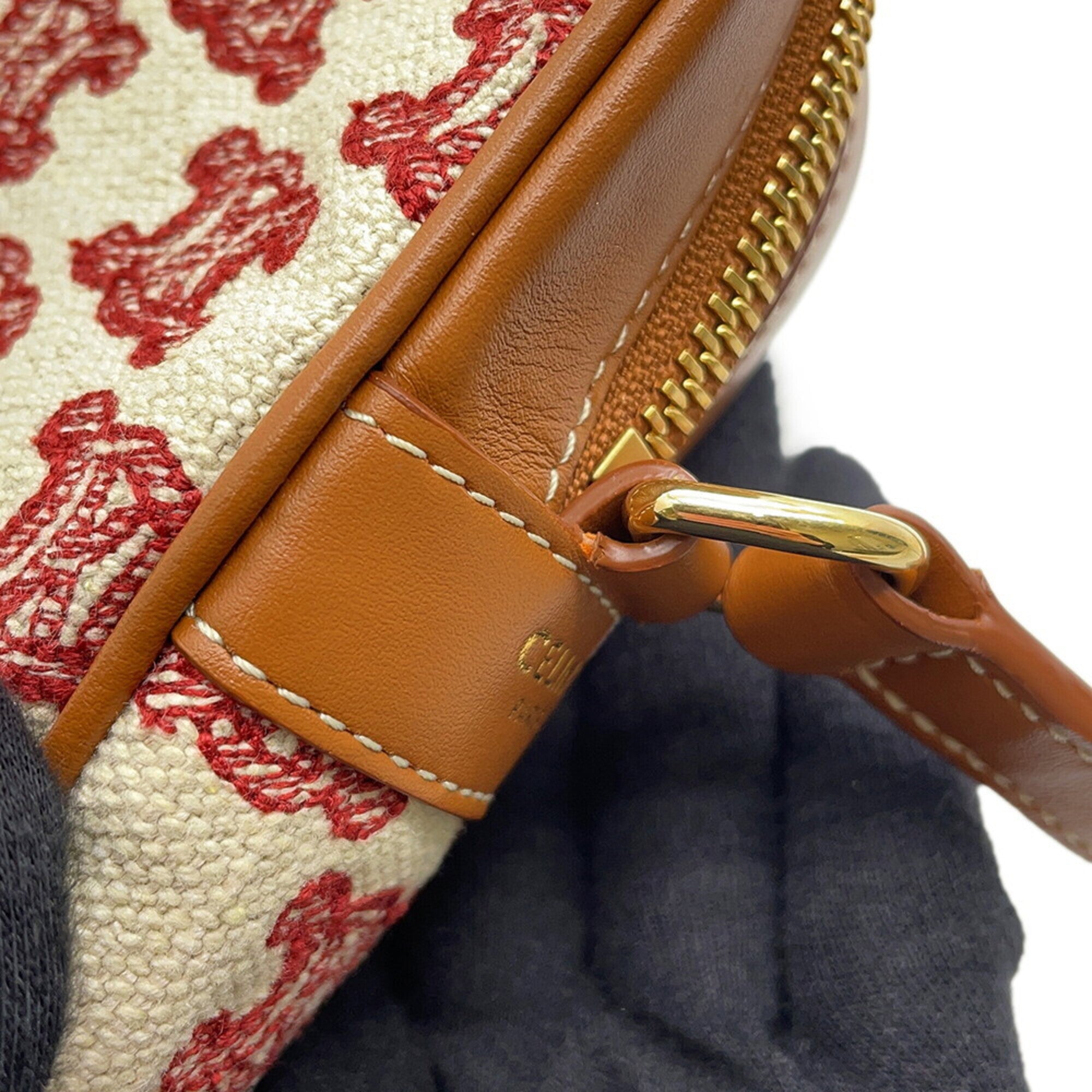 Celine Brown Red Color White Canvas Leather Handbag Shoulder Bag (Pre-Owned)