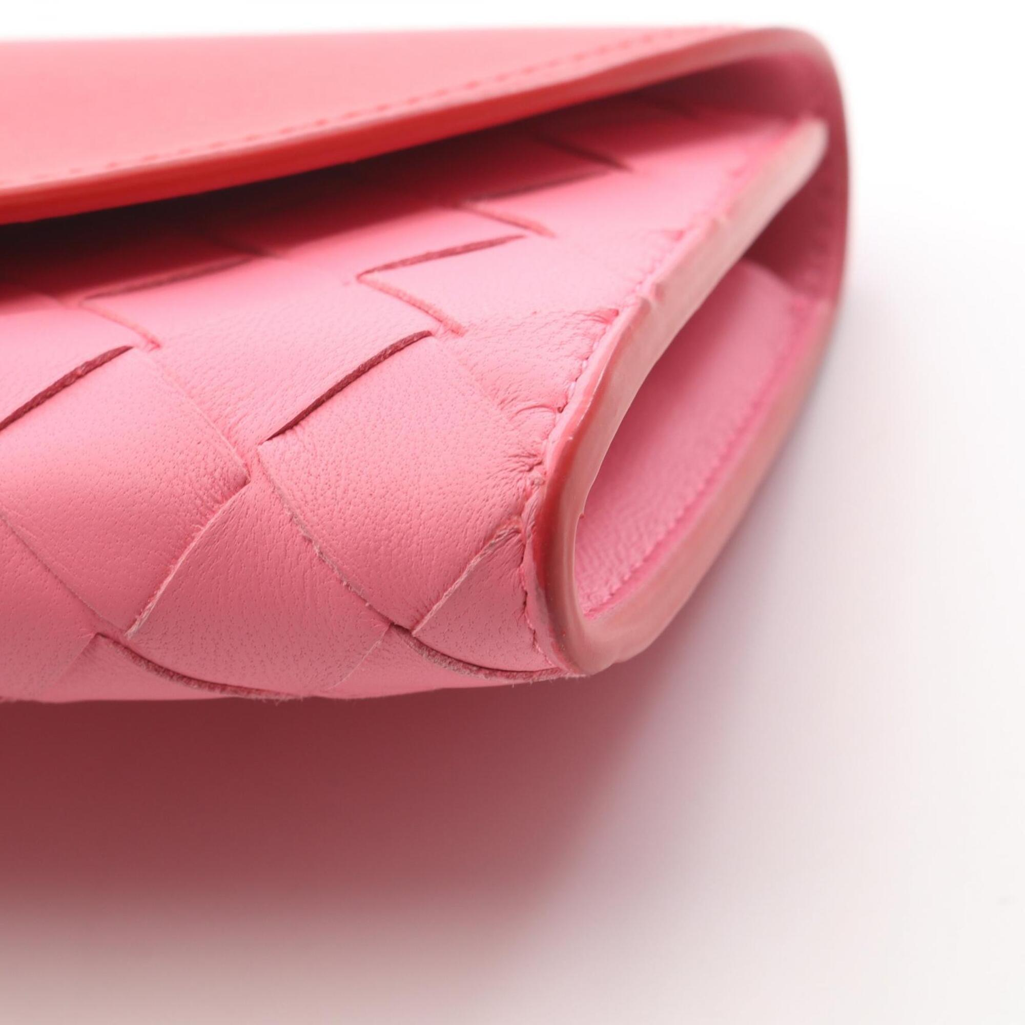 Bottega Veneta Intrecciato Pink Red Color Leather Long Wallet (Bi-Fold) (Pre-Owned)