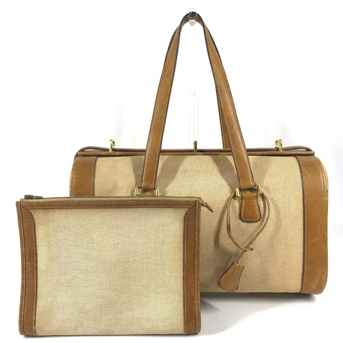 Hermes Beige Brown Leather Canvas Boston Bag Shoulder Bag Vanity Bag (Pre-Owned)