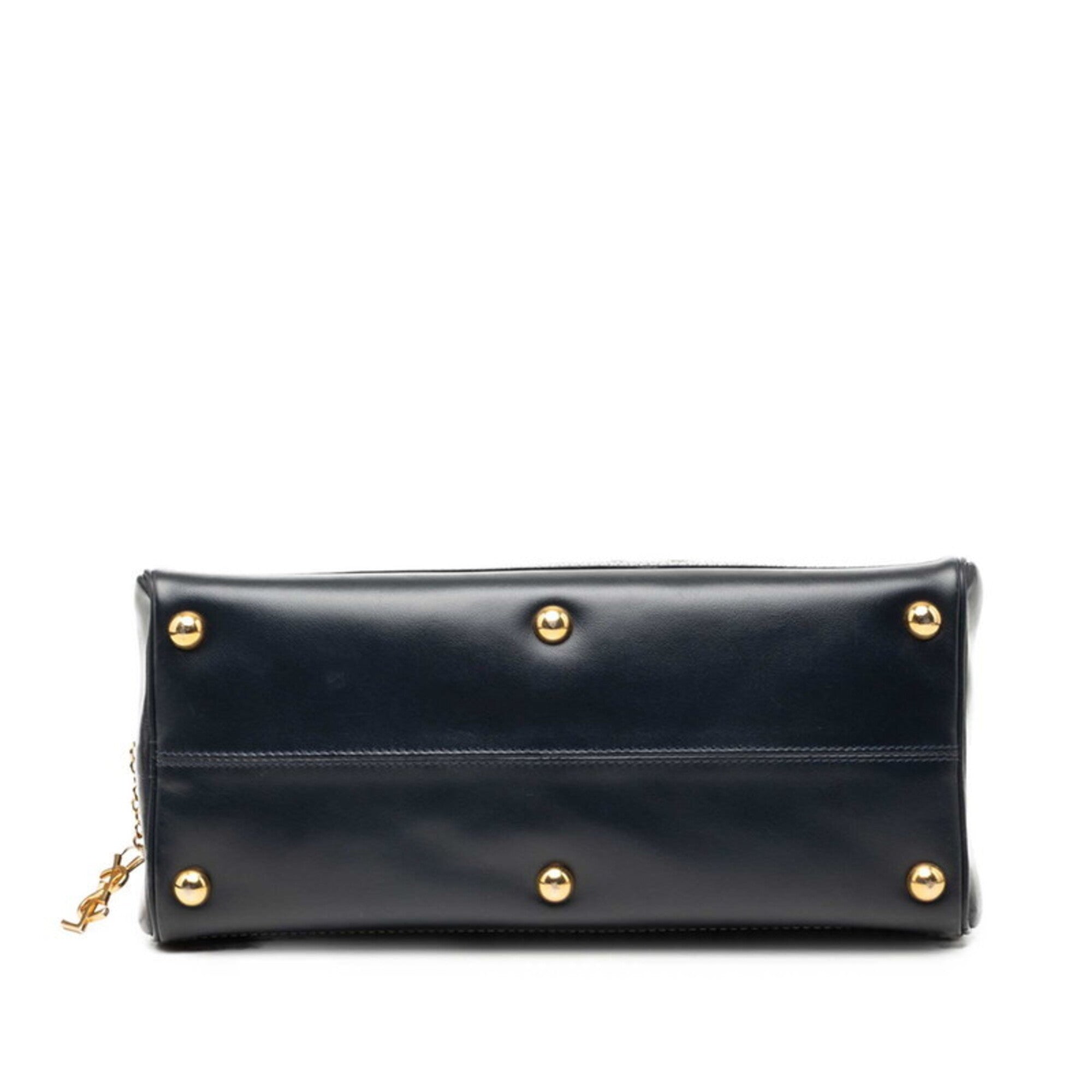 Saint Laurent Navy White Leather Boston Bag Handbag (Pre-Owned)