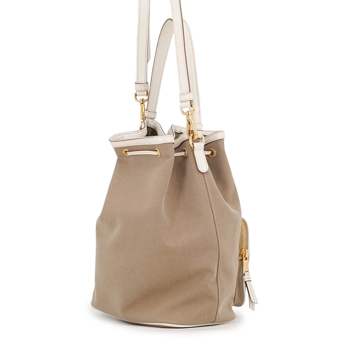 Prada Brown White Canvas Leather Handbag (Pre-Owned)