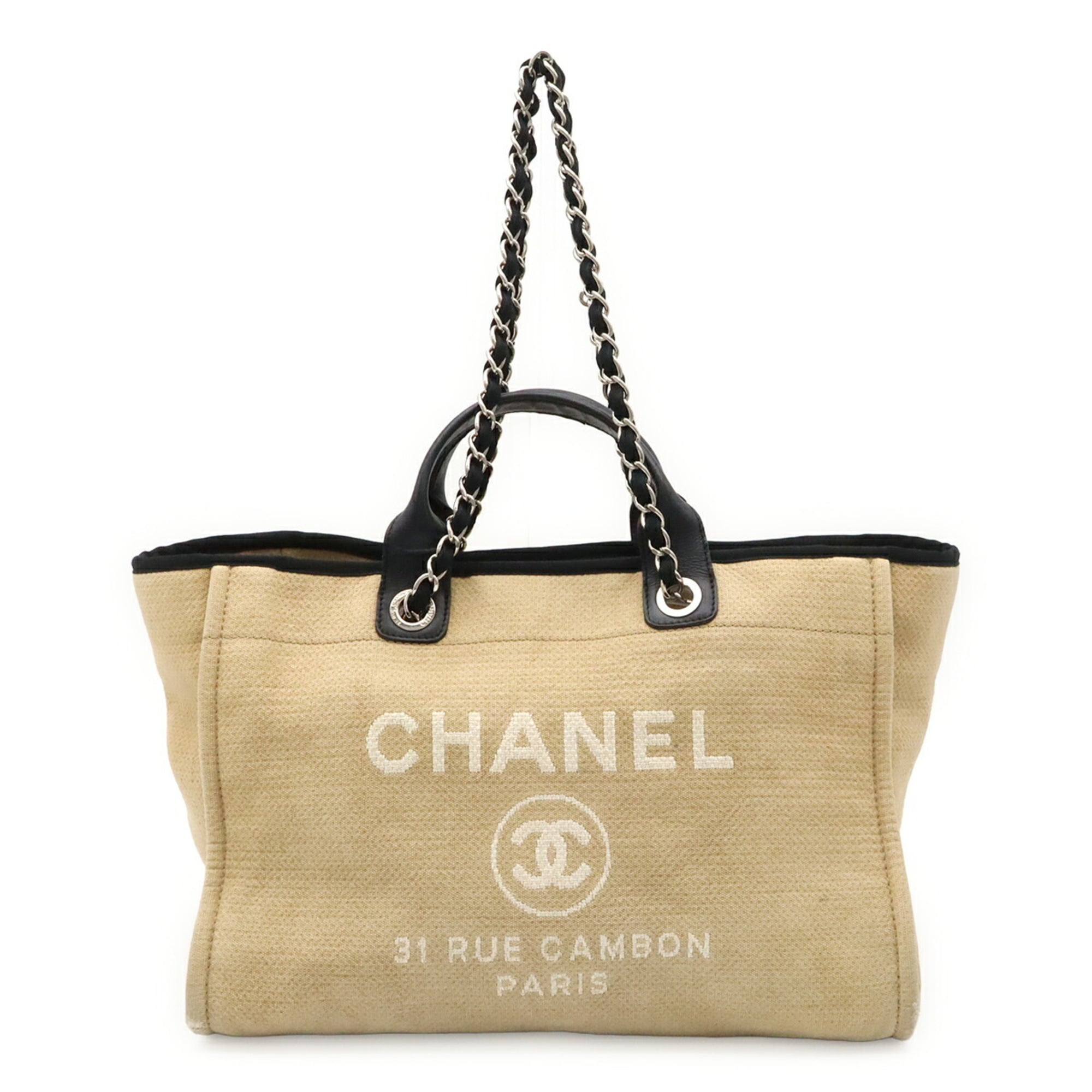 Chanel Beige Black Canvas Shoulder Bag Tote Bag (Pre-Owned)