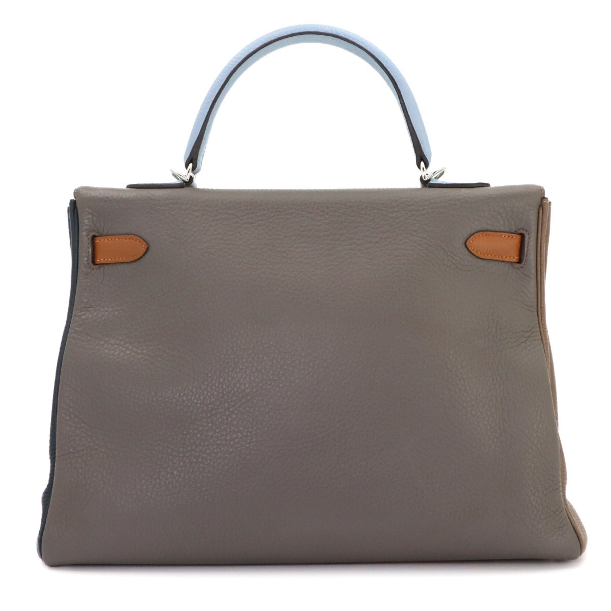 Hermes Blue Lin Blue Obscurs Brown Etain Etoupe Gray Taurillon Clemence Leather Handbag (Pre-Owned)
