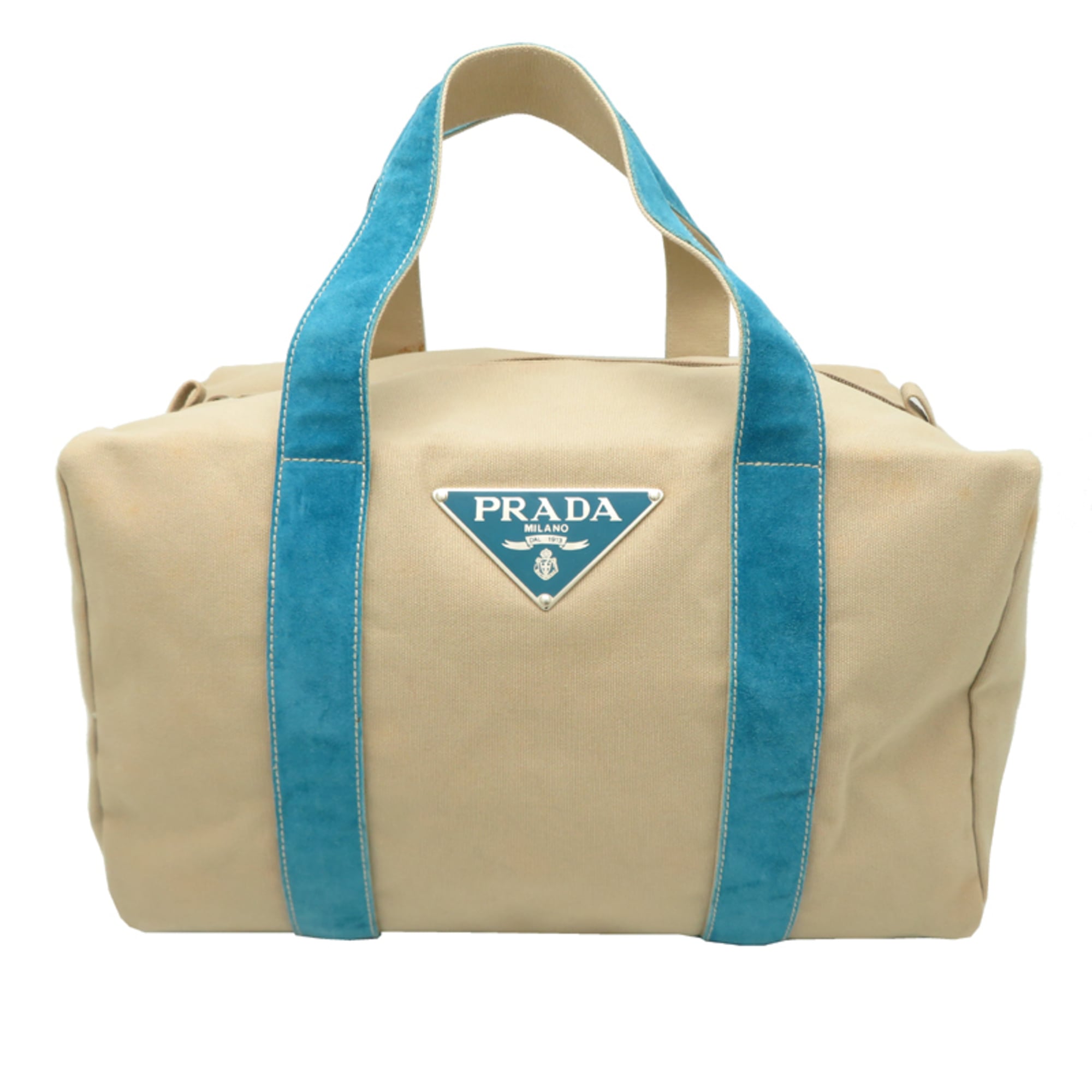 Prada Beige Blue Canvas Leather Tote Bag (Pre-Owned)