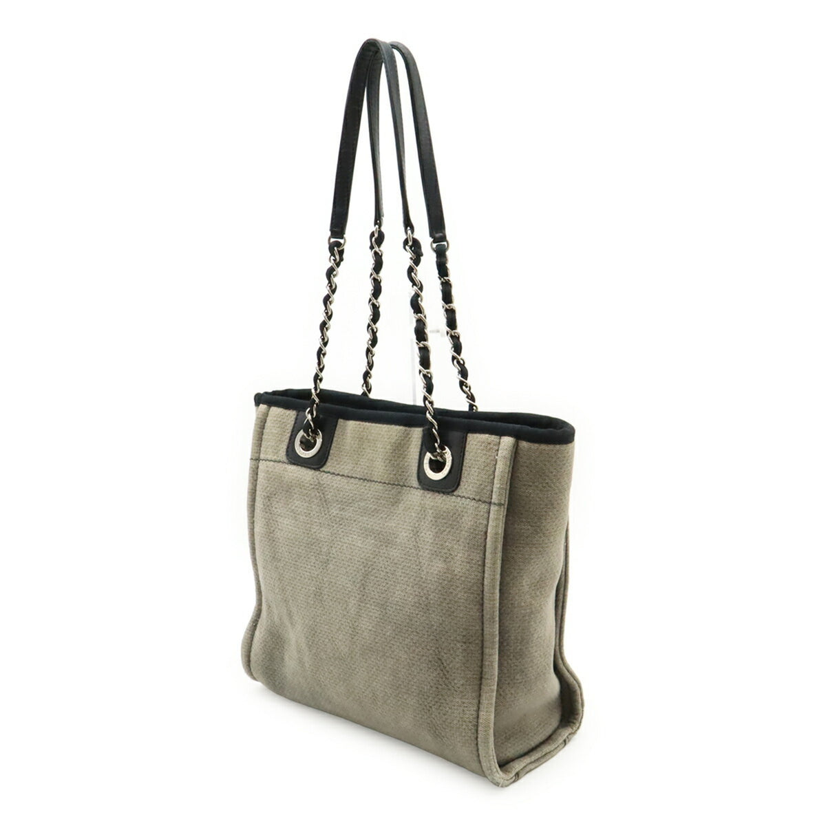 Chanel Black Gray Canvas Leather Shoulder Bag Tote Bag (Pre-Owned)