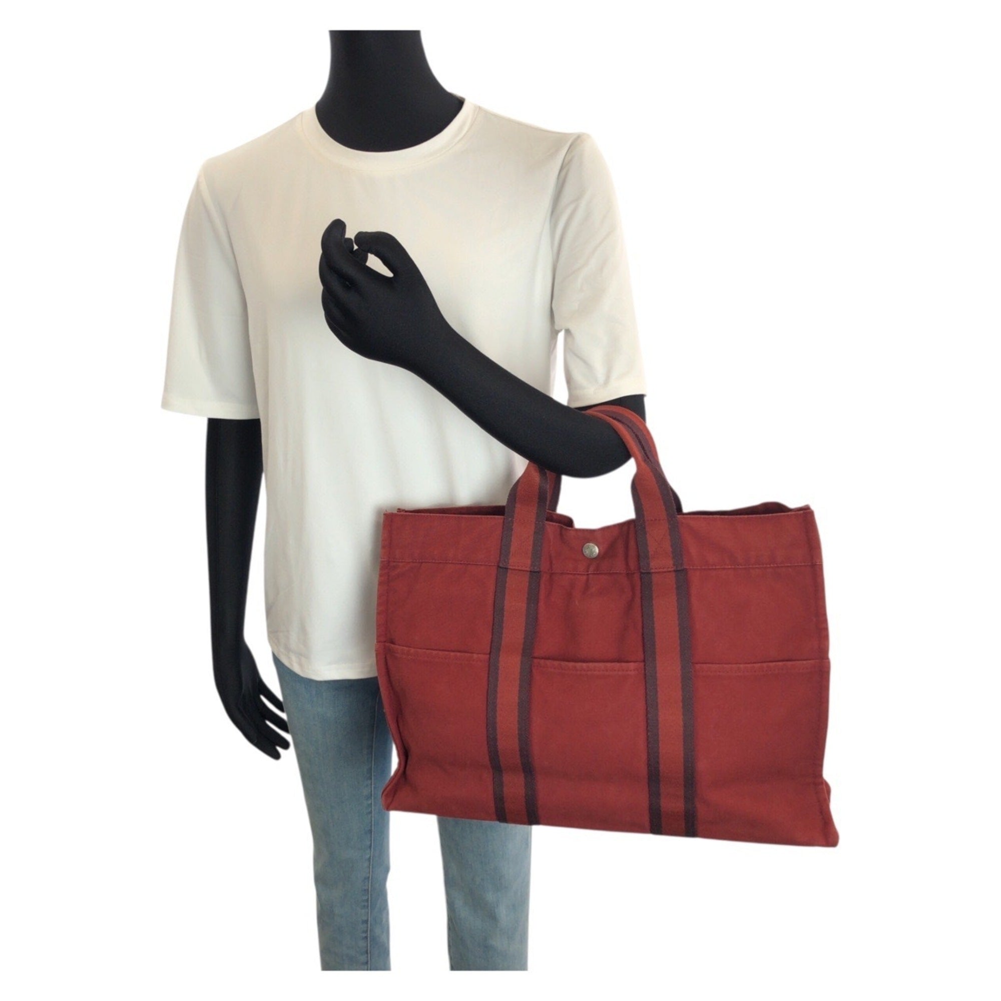 Hermes Red Color Canvas Handbag Tote Bag (Pre-Owned)