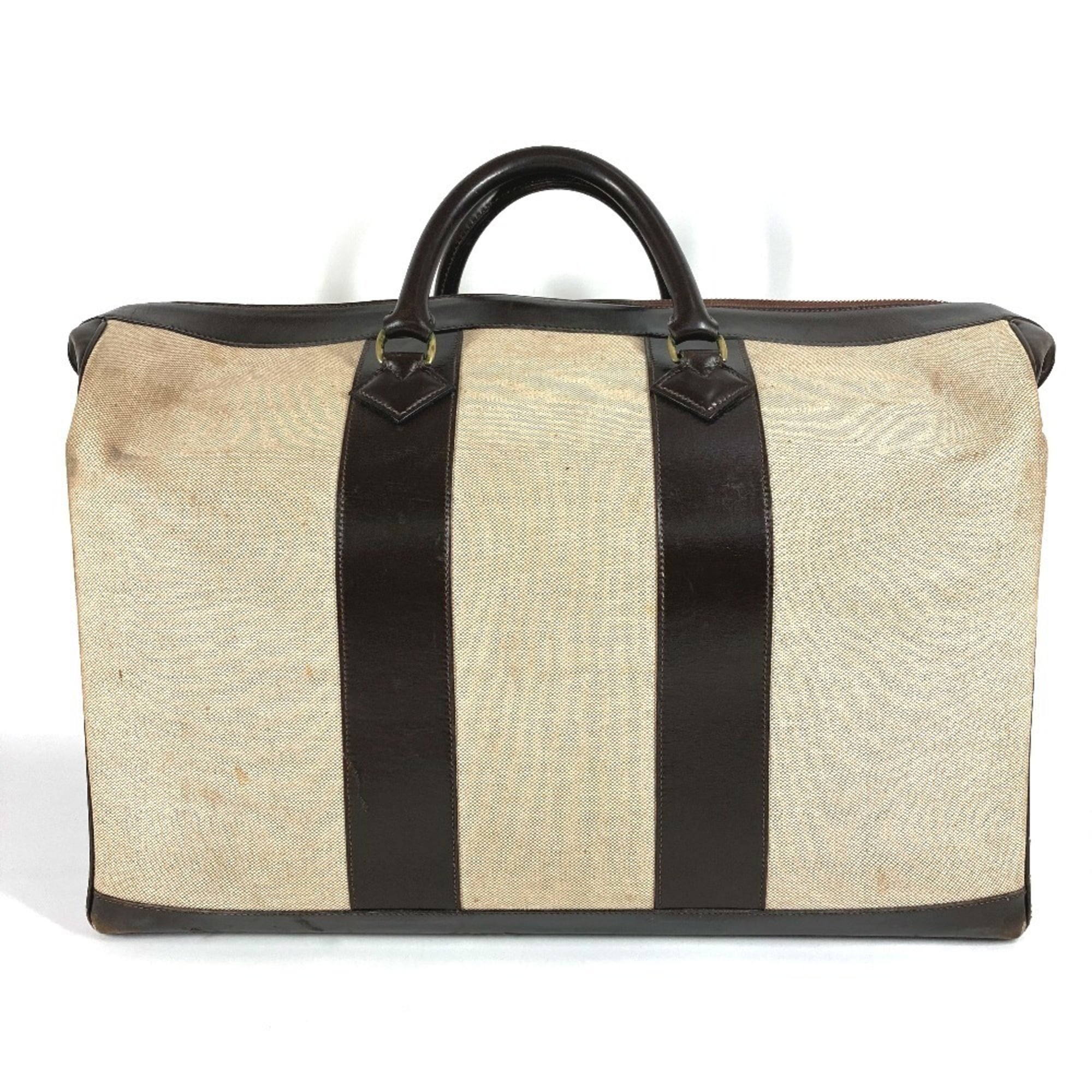 Hermes Beige Dark Brown Leather Canvas Boston Bag (Pre-Owned)