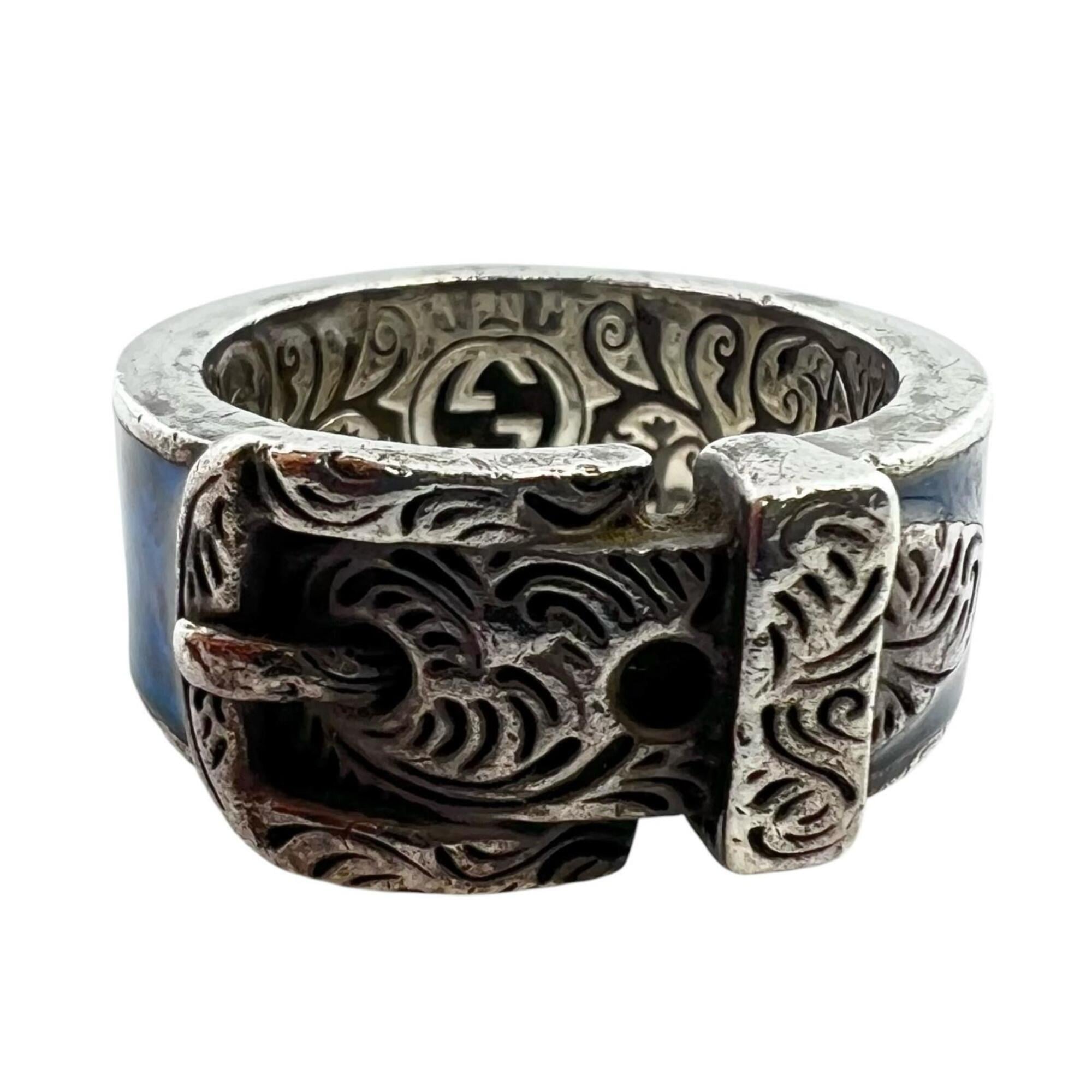 Gucci Silver Blue Enamel Sterling Silver Band Ring (Pre-Owned)