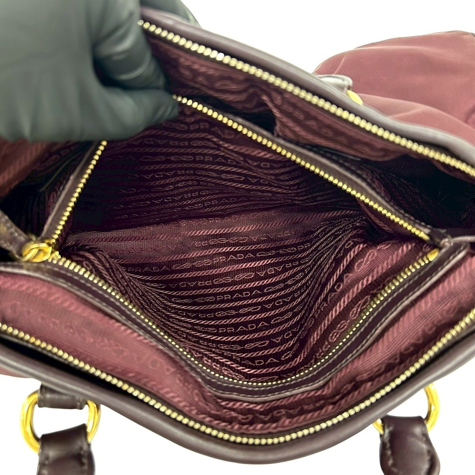 Prada Red Color Wine Leather Nylon Handbag Shoulder Bag (Pre-Owned)