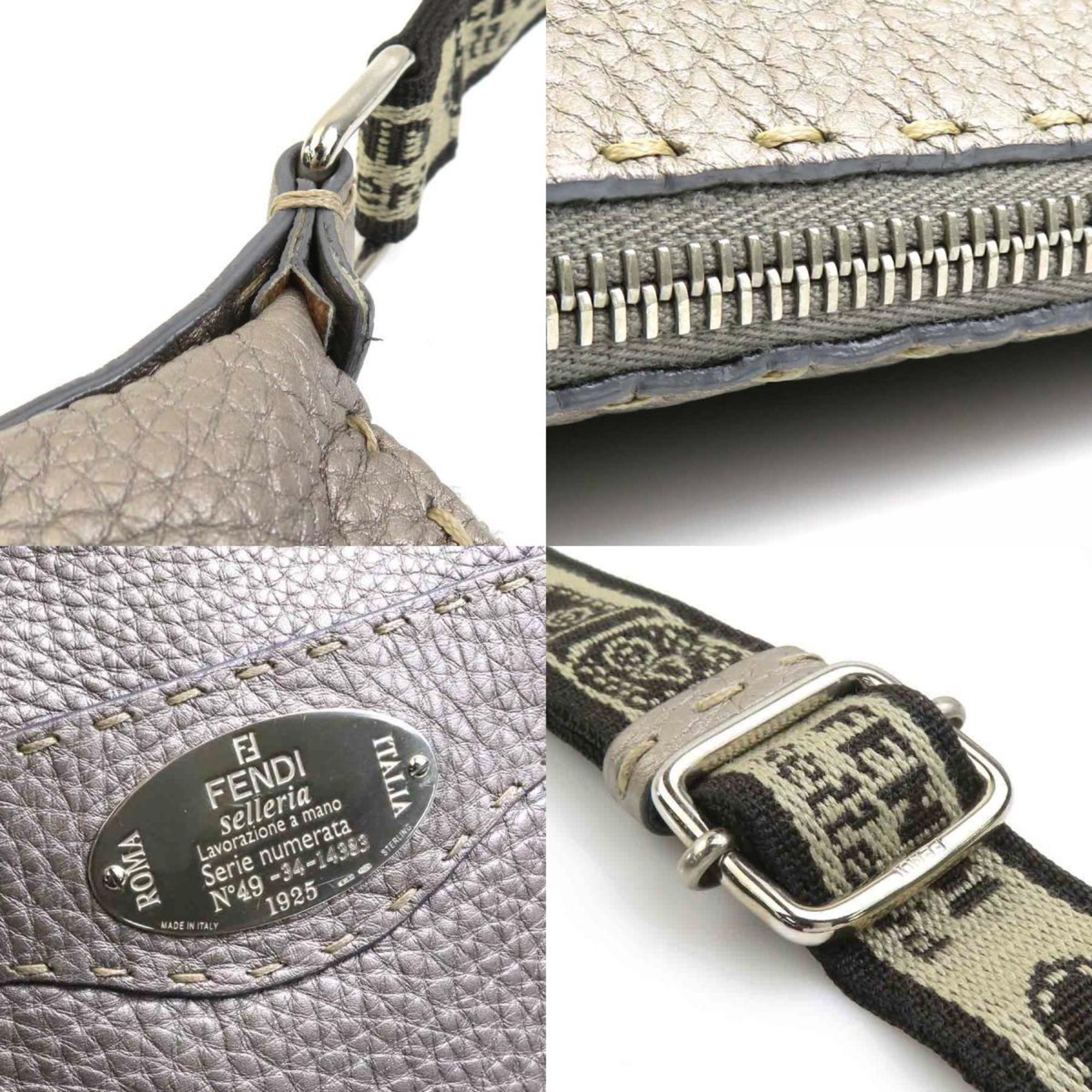 Fendi Metallic Gray Leather Canvas Shoulder Bag (Pre-Owned)