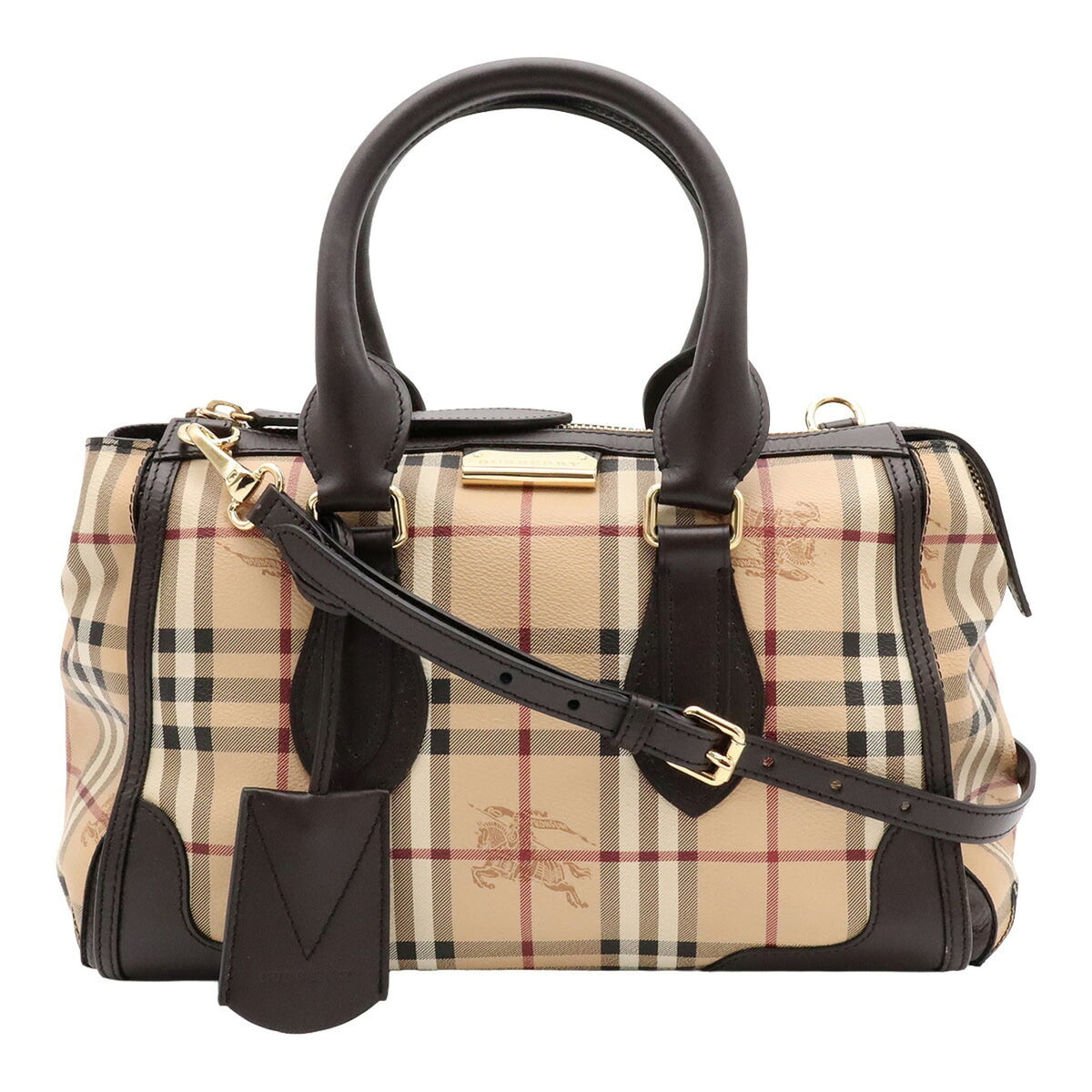Burberry Beige Dark Brown Red Color Coated Canvas Leather Handbag Shoulder Bag (Pre-Owned)