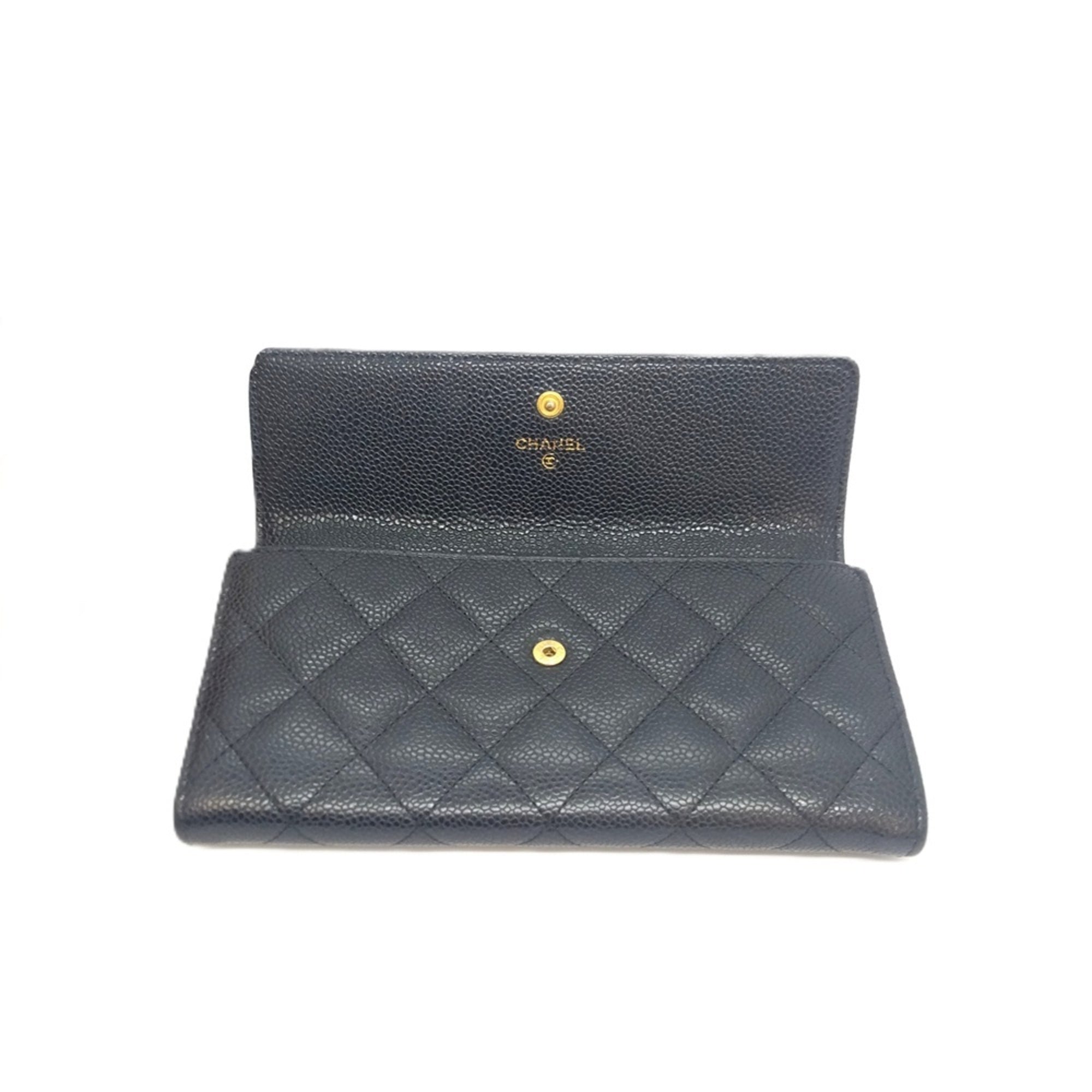 Chanel Black Grained Calfskin Long Wallet (Bi-Fold) (Pre-Owned)