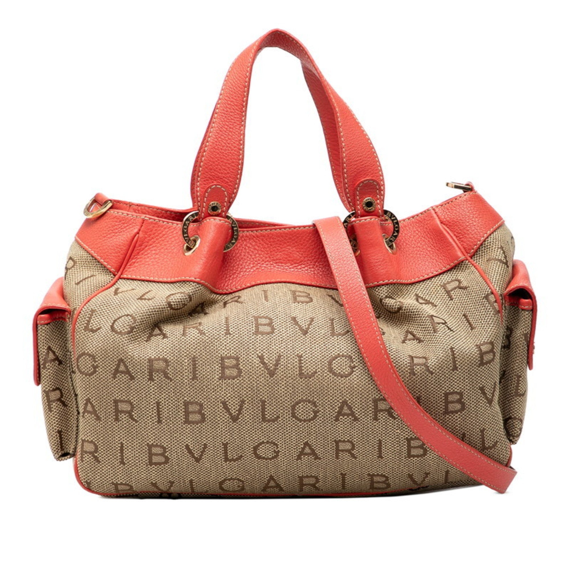 Bvlgari Beige Pink Canvas Leather Handbag Shoulder Bag (Pre-Owned)