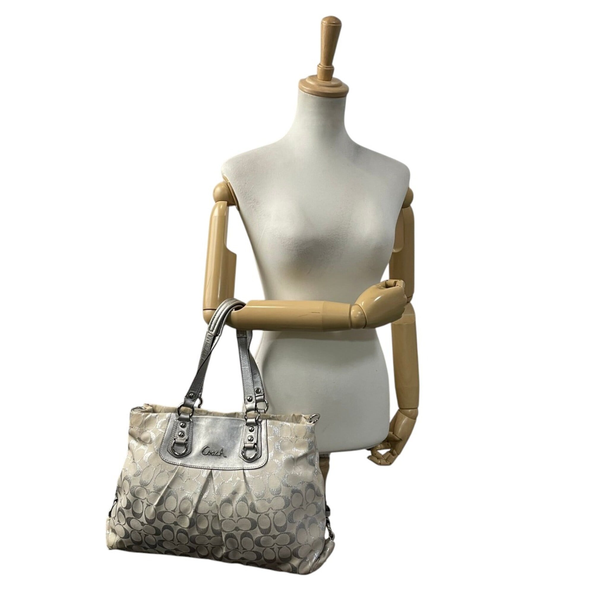Coach Ivory Silver Canvas Leather Handbag Shoulder Bag Tote Bag (Pre-Owned)