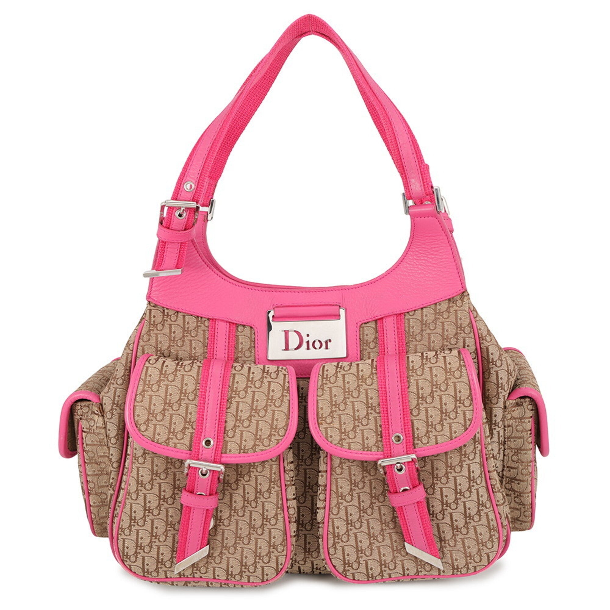 Christian Dior Brown Pink Canvas Leather Handbag Tote Bag (Pre-Owned)
