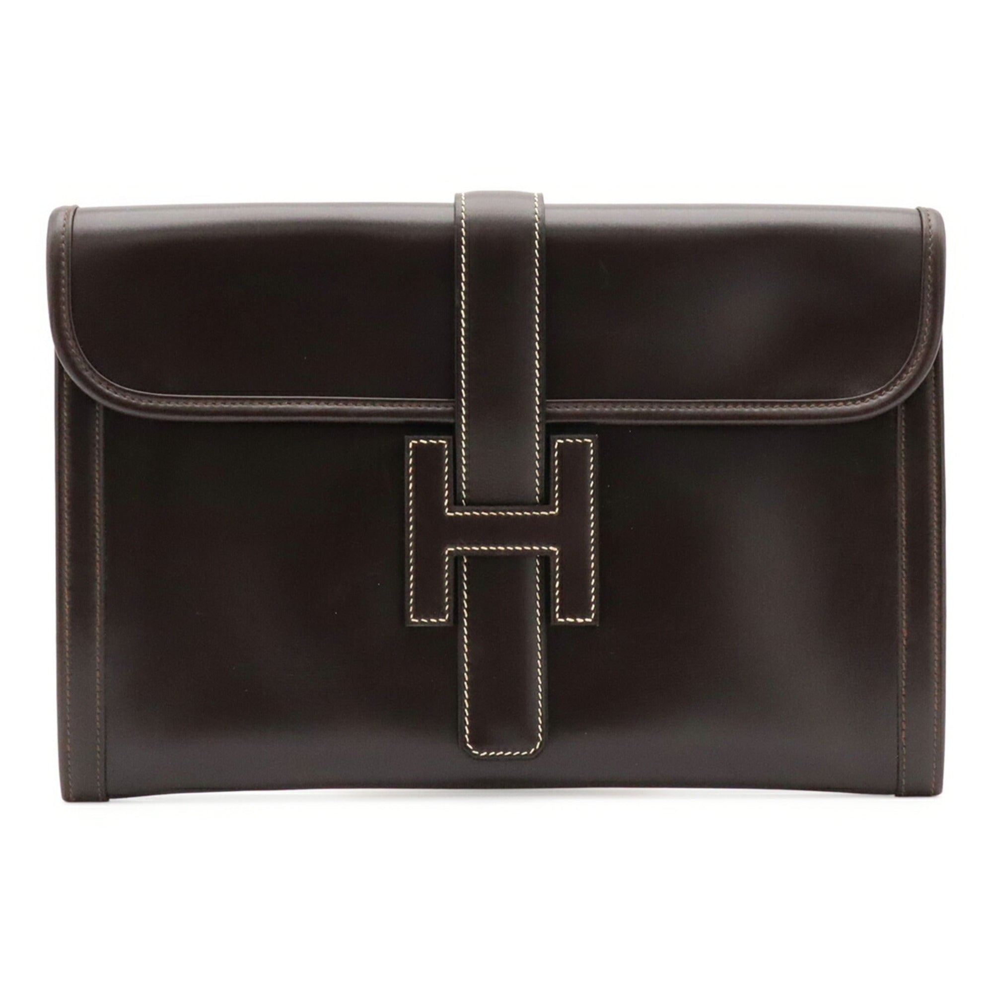 Hermes Jige Dark Brown Leather Clutch Bag Handbag (Pre-Owned)