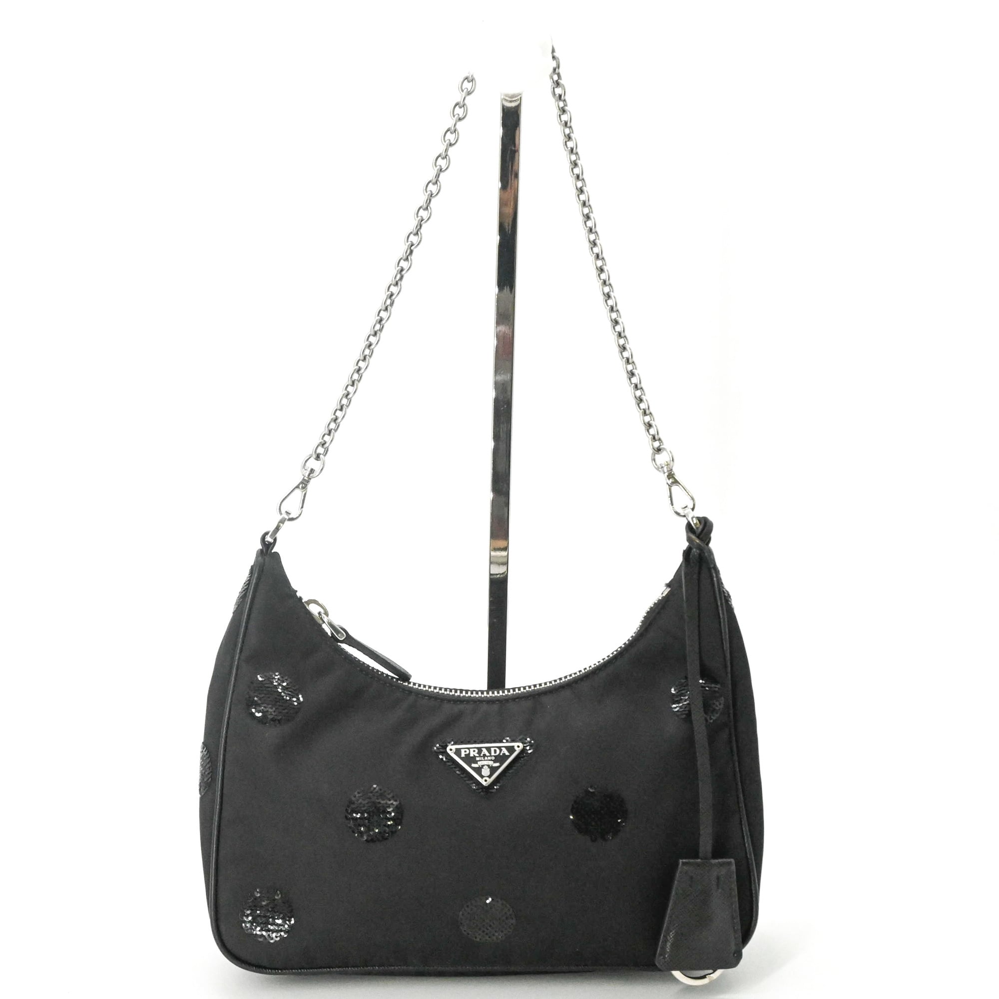 Prada Black Nylon Leather Spangles Handbag Shoulder Bag (Pre-Owned)