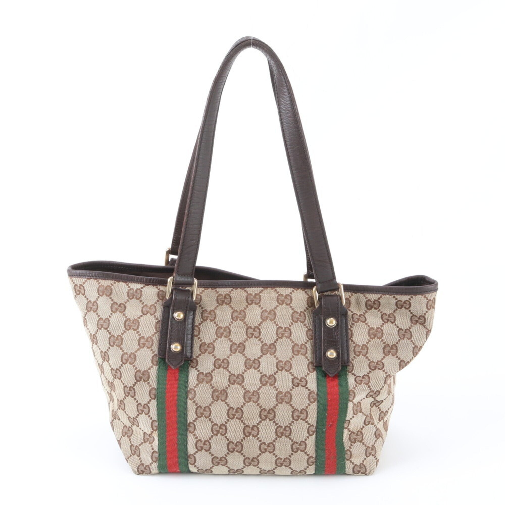 Gucci Sherry Line Brown Leather Canvas Handbag Tote Bag (Pre-Owned)