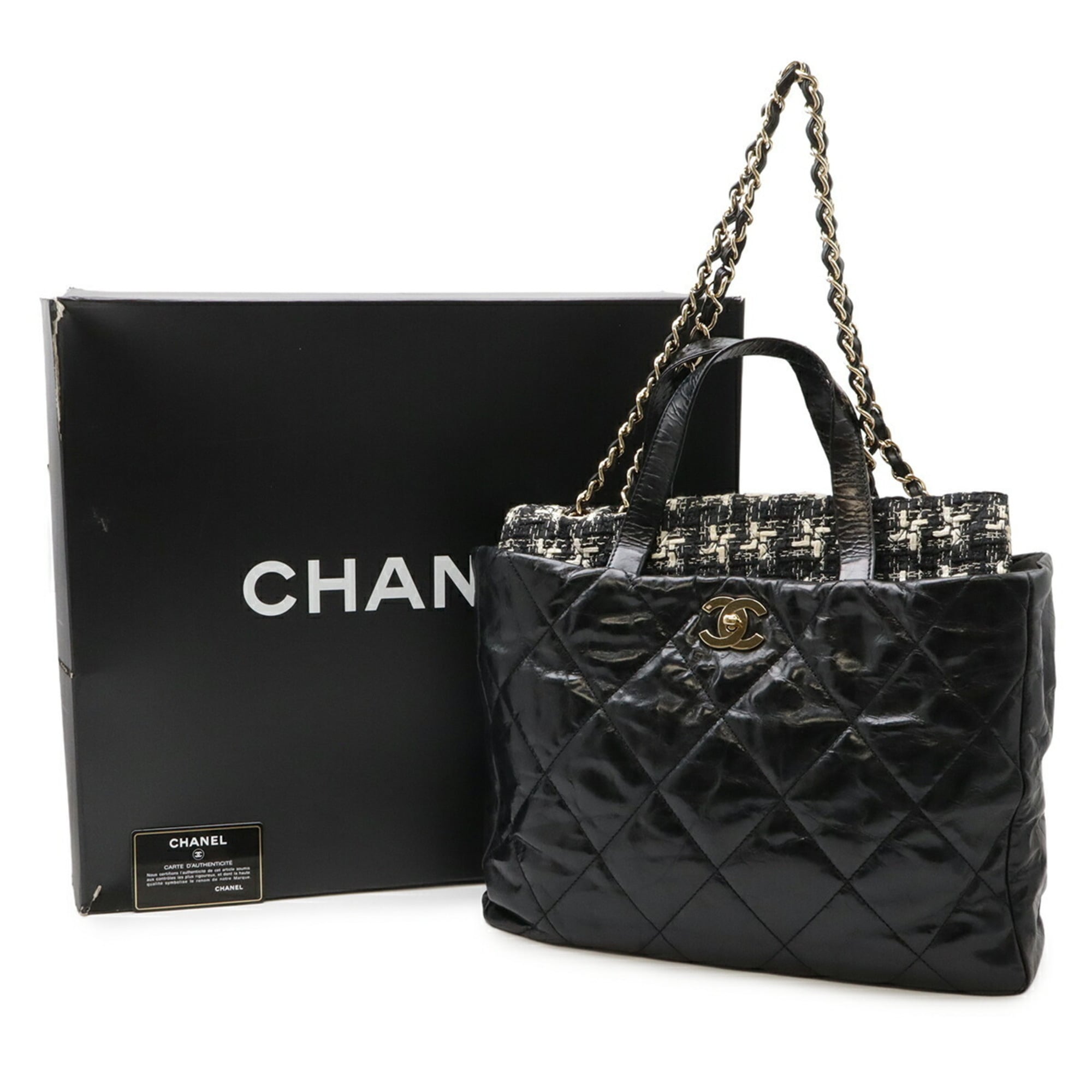 Chanel Black Ivory Leather Tweed Shoulder Bag Tote Bag (Pre-Owned)
