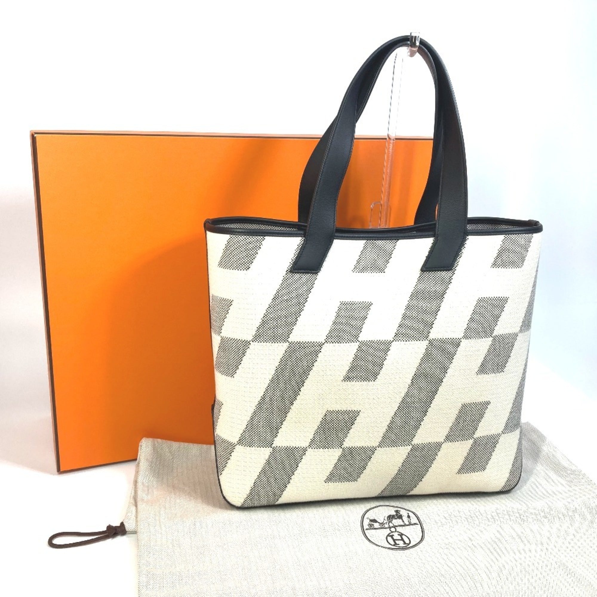 Hermes Black Gray White Canvas Swift Leather Handbag Tote Bag (Pre-Owned)