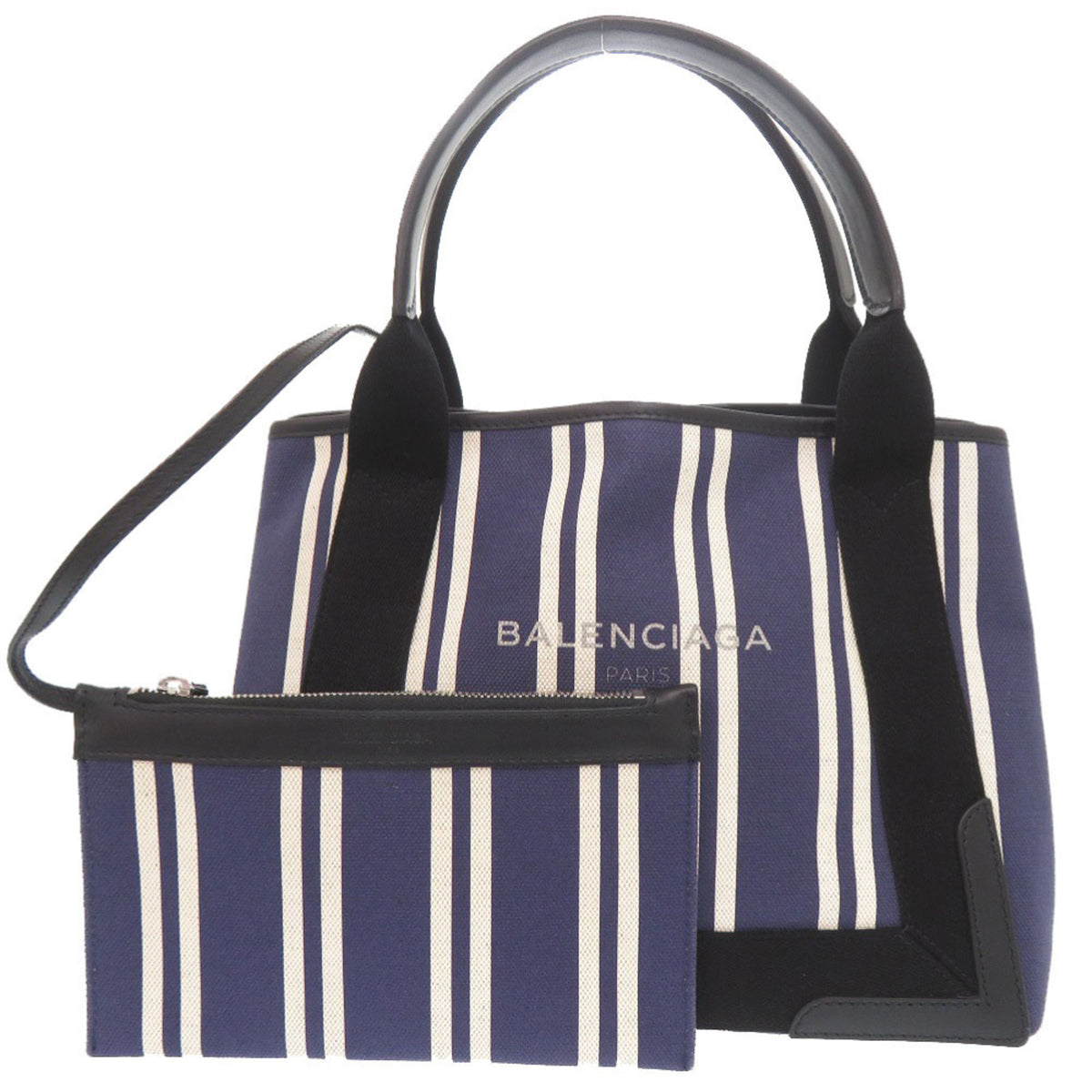 Balenciaga Black Navy White Canvas Leather Handbag Tote Bag (Pre-Owned)