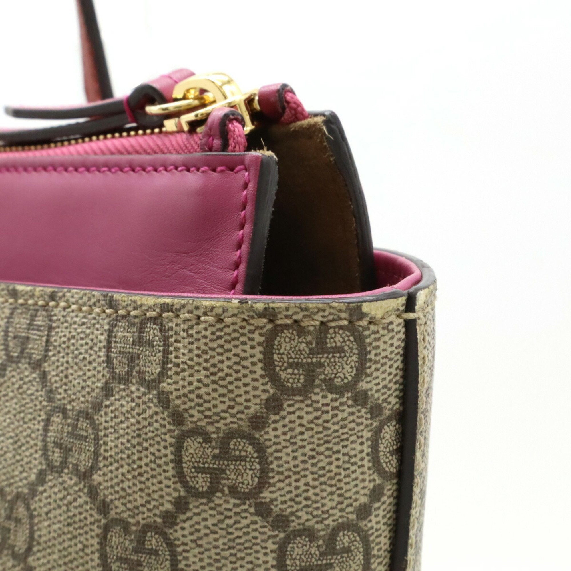 Gucci Gg Plus Khaki Pink Red Color Gg Supreme Tote Bag (Pre-Owned)