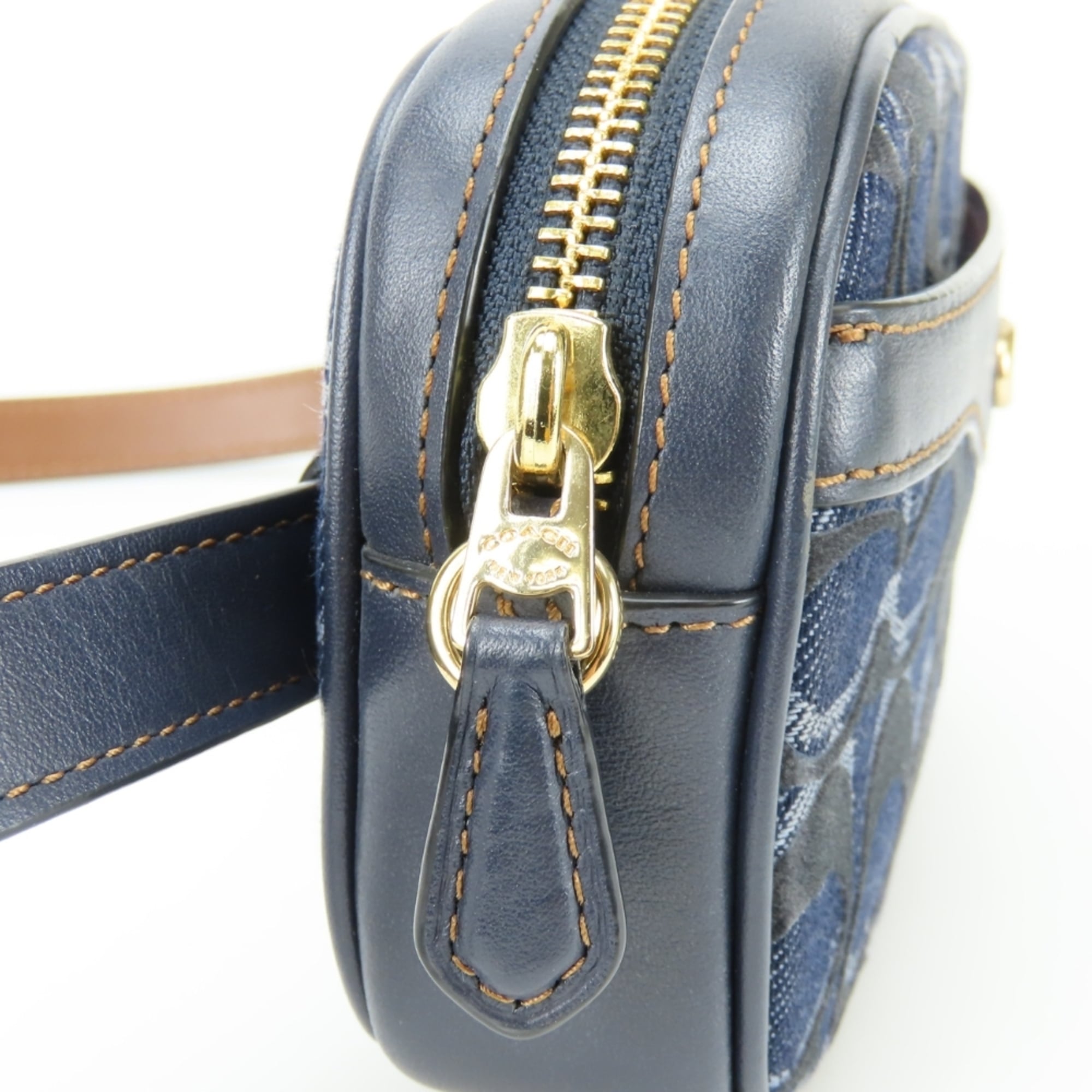 Coach Signature Brown Navy Denim Leather Fanny Pack Pouch (Pre-Owned)