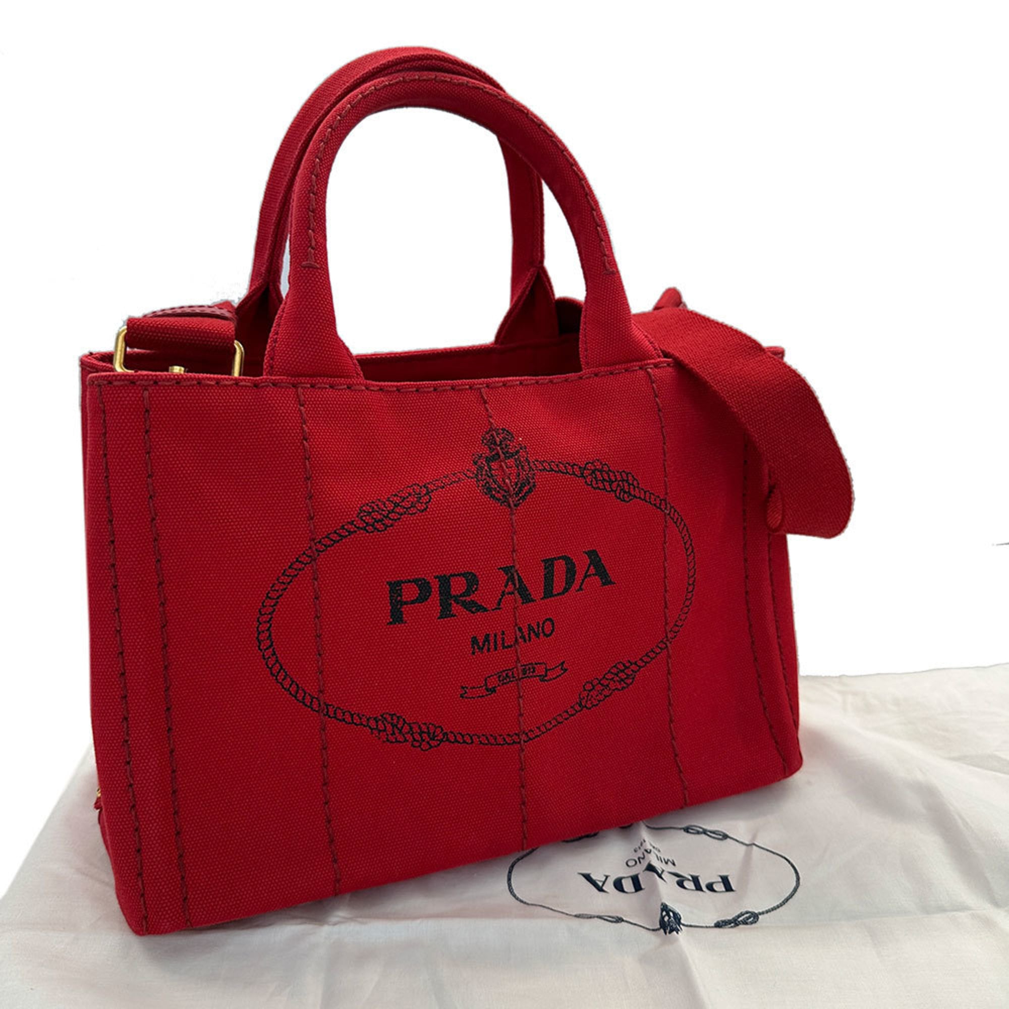 Prada Red Color Canvas Handbag Shoulder Bag (Pre-Owned)