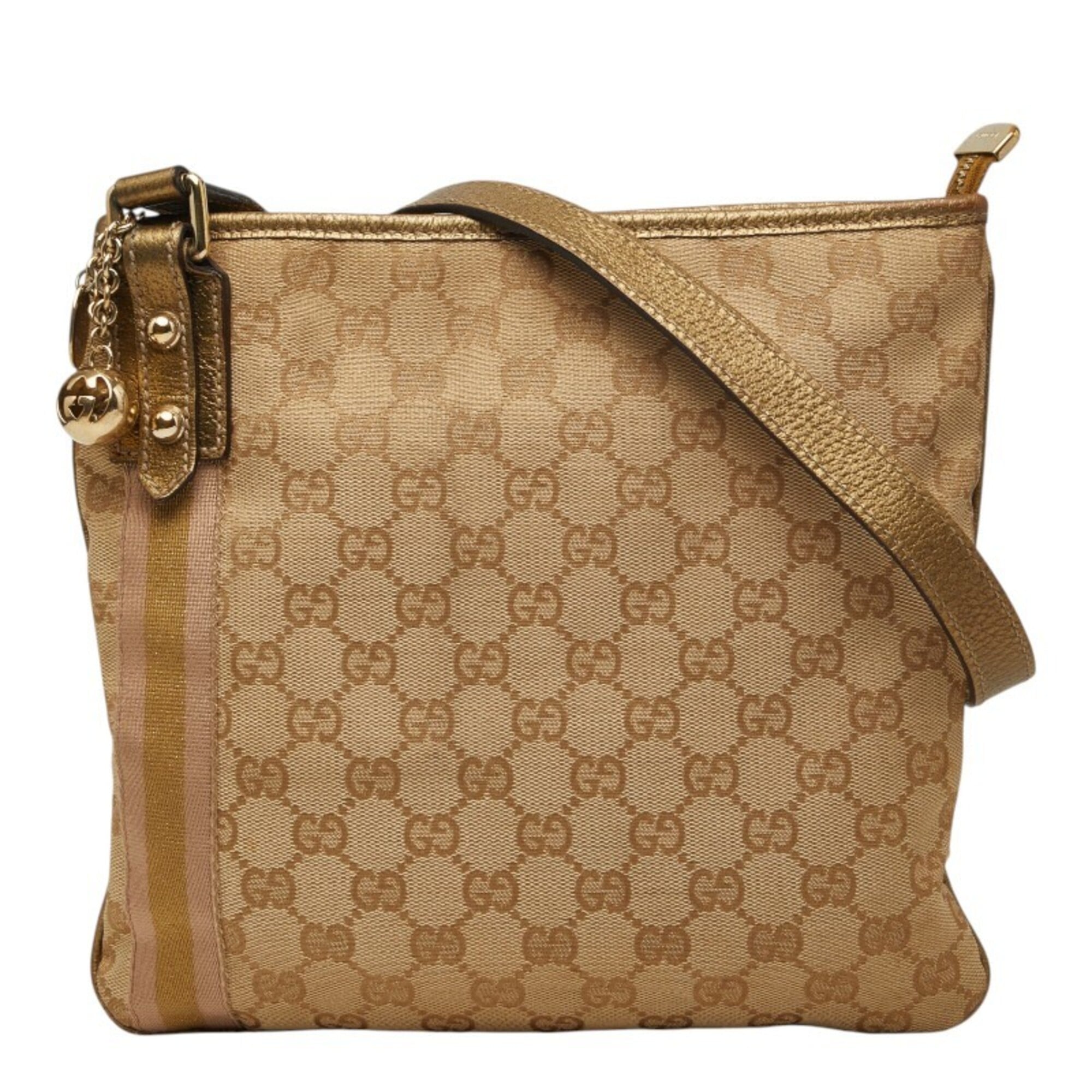 Gucci Beige Gold Pink Canvas Leather Shoulder Bag (Pre-Owned)
