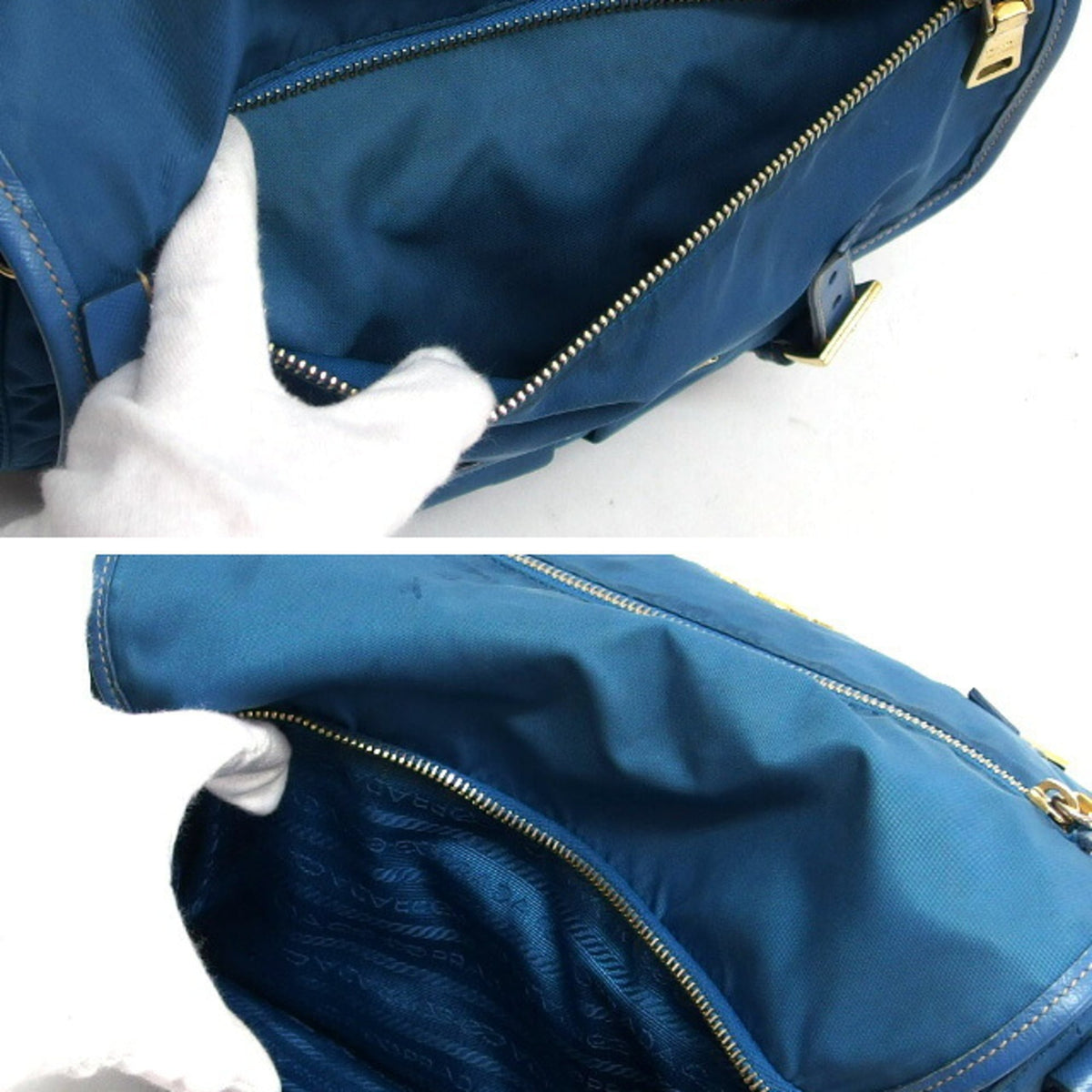 Prada Saffiano Blue Nylon Leather Shoulder Bag (Pre-Owned)