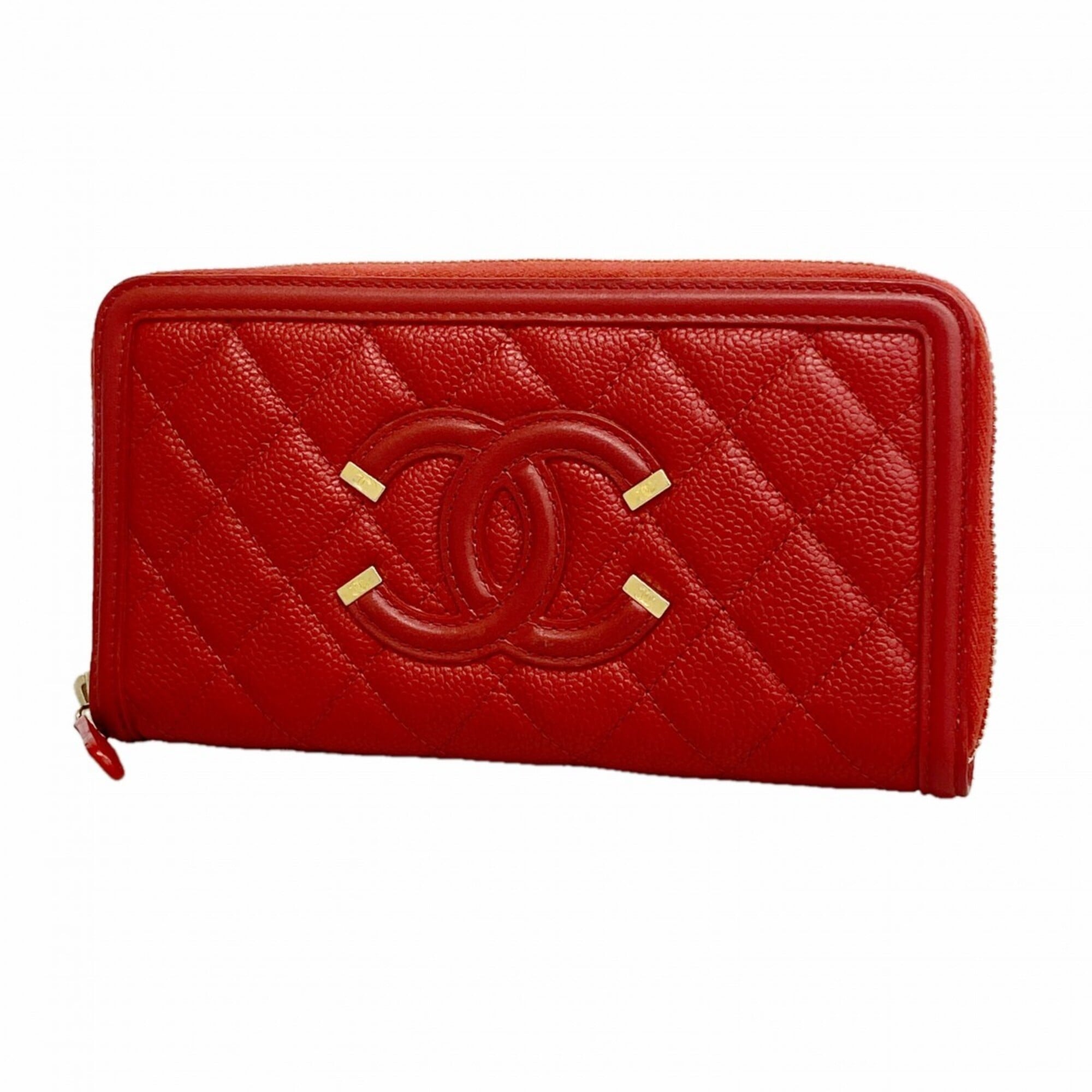 Chanel Red Color Grained Calfskin Long Wallet (Bi-Fold) (Pre-Owned)