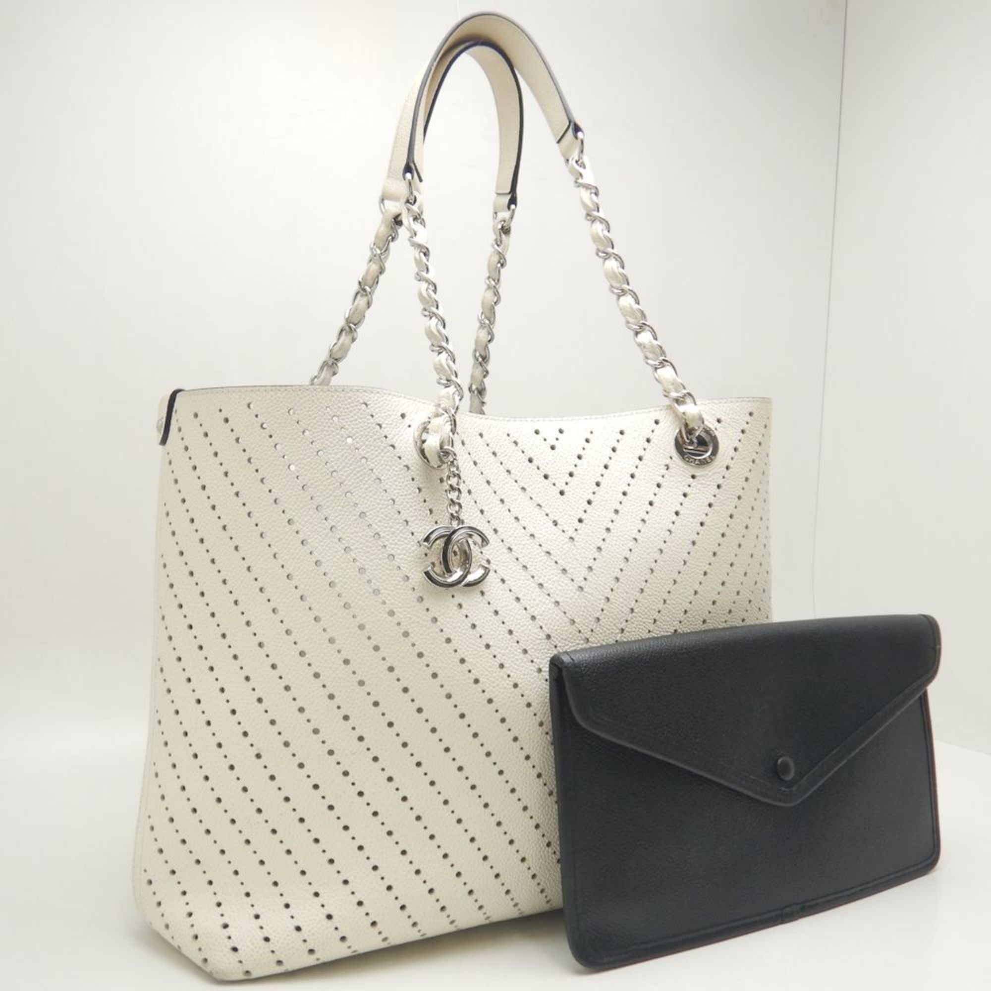 Chanel Gray Ivory Caviar Leather Pouch Tote Bag (Pre-Owned)