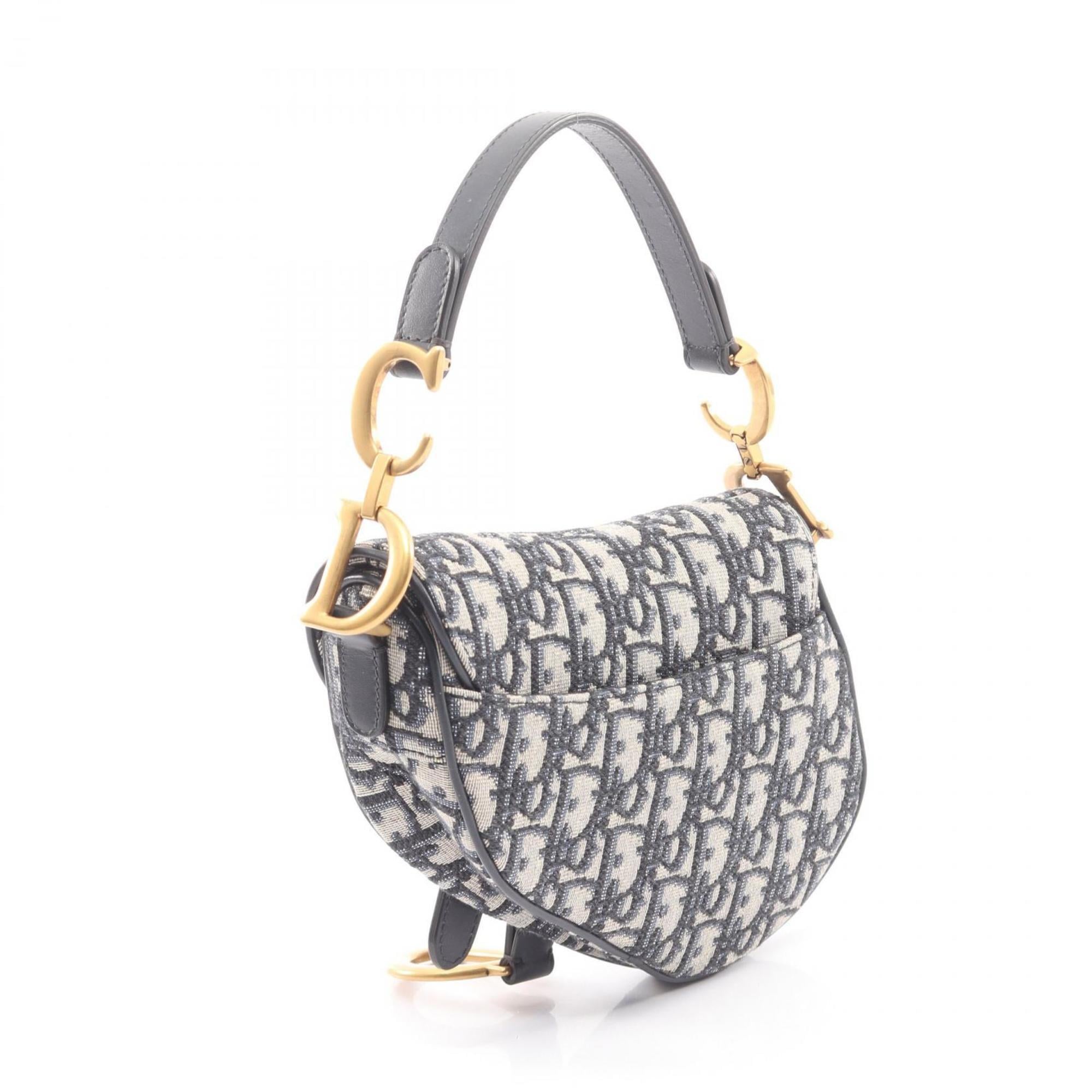 Christian Dior Beige Black Navy Canvas Leather Handbag Saddle Bag (Pre-Owned)