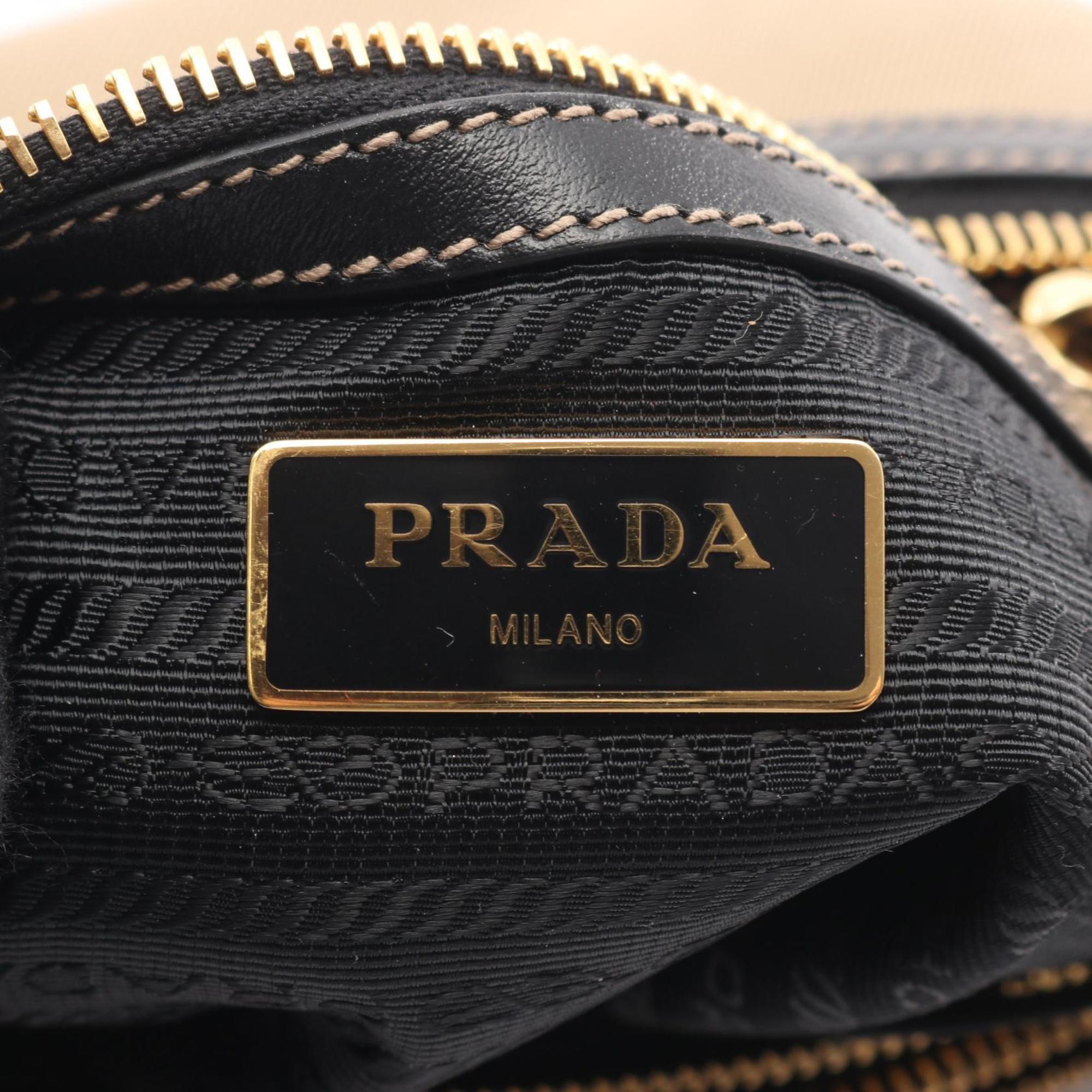 Prada Beige Black Canvas Leather Shoulder Bag (Pre-Owned)